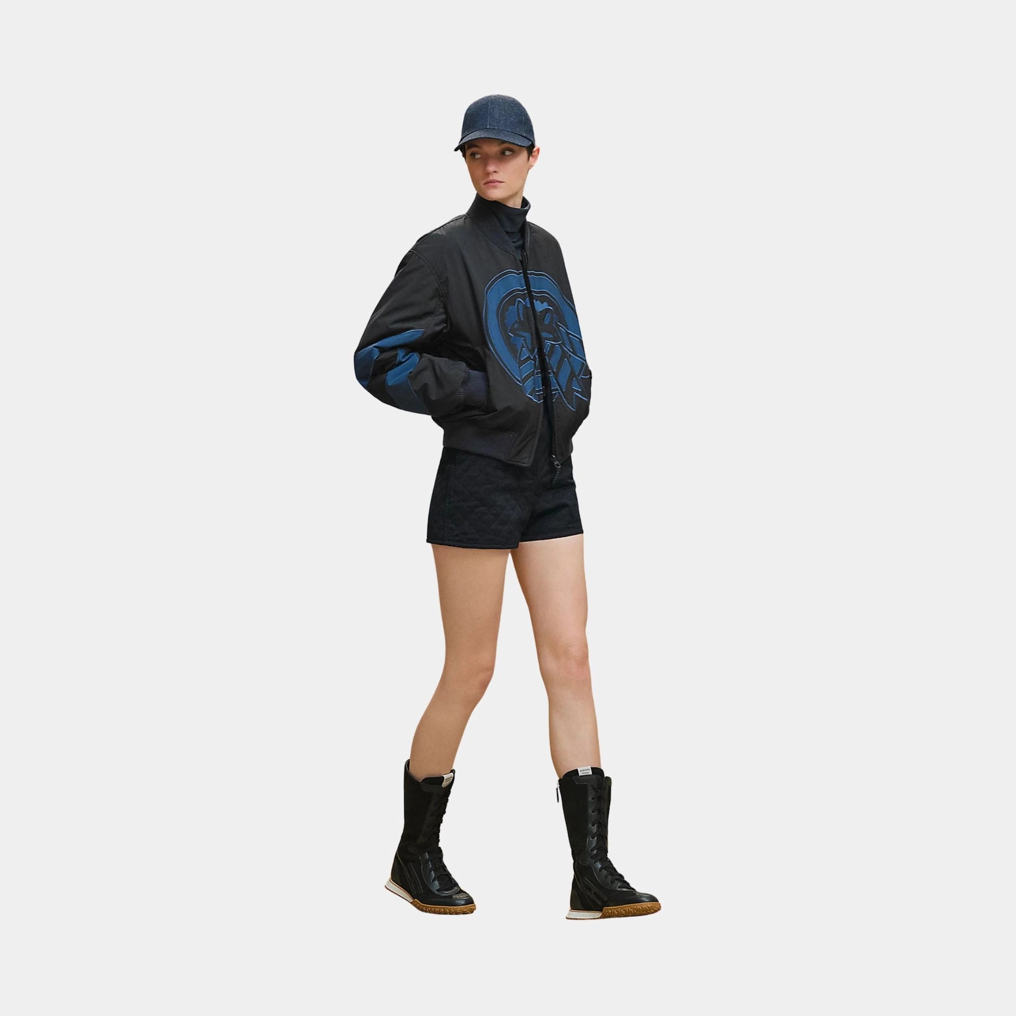 Hermes Reversible Bomber Jacket in Feather Canvas, Bleu Noir, Model