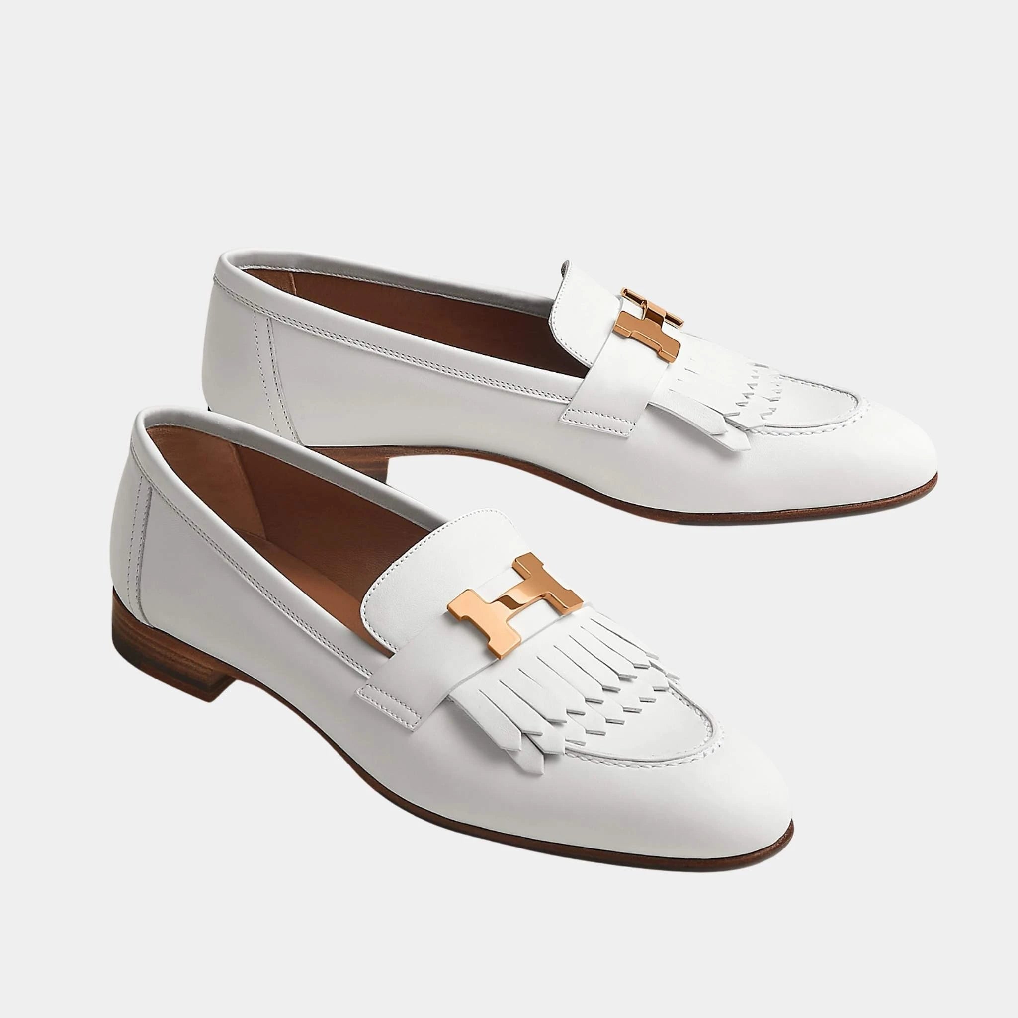 Hermes Royal Loafer in Calfskin with Rose Gold Plated Buckle, Blanc, Front