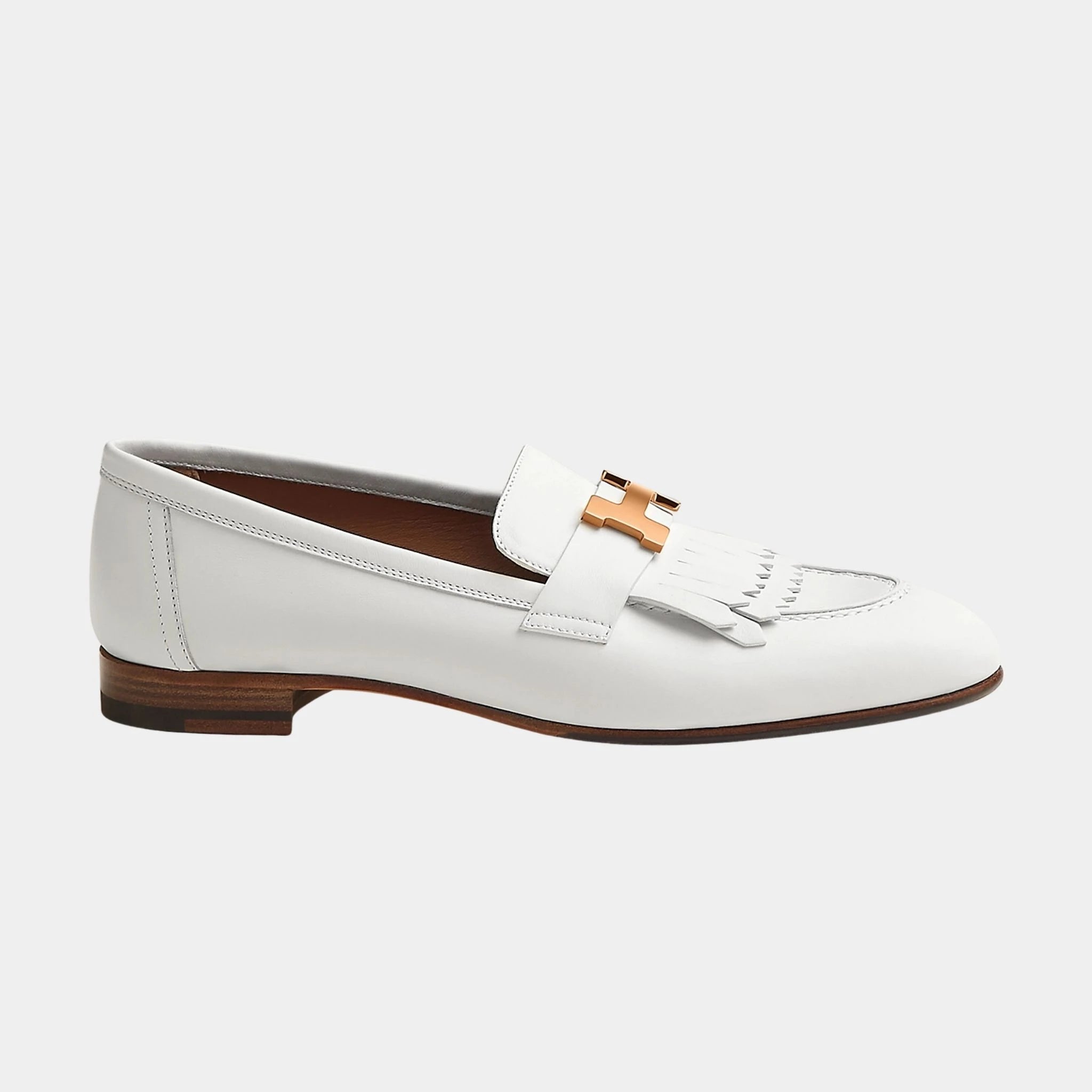 Hermes Royal Loafer in Calfskin with Rose Gold Plated Buckle, Blanc, SIde