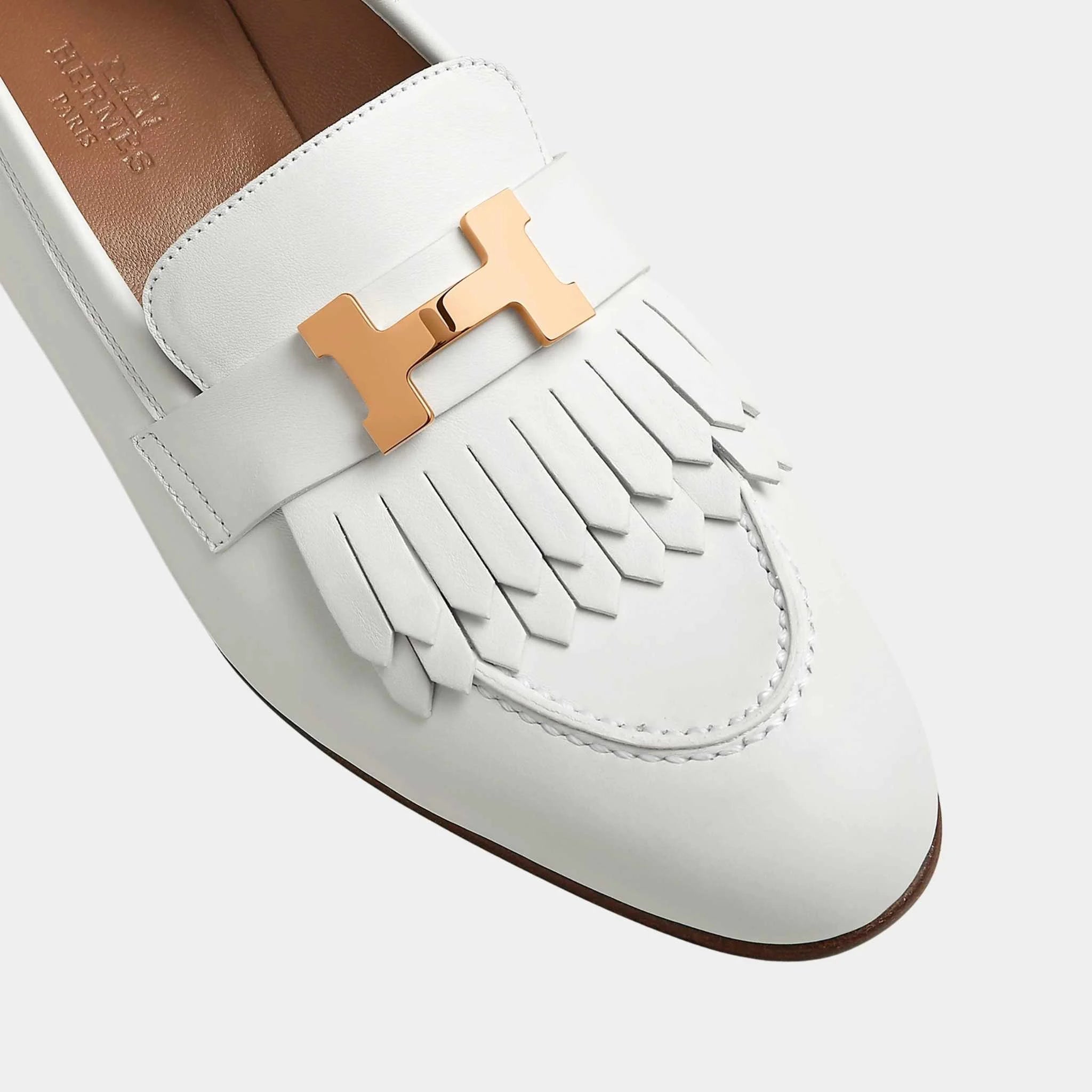 Hermes Royal Loafer in Calfskin with Rose Gold Plated Buckle, Blanc, Top