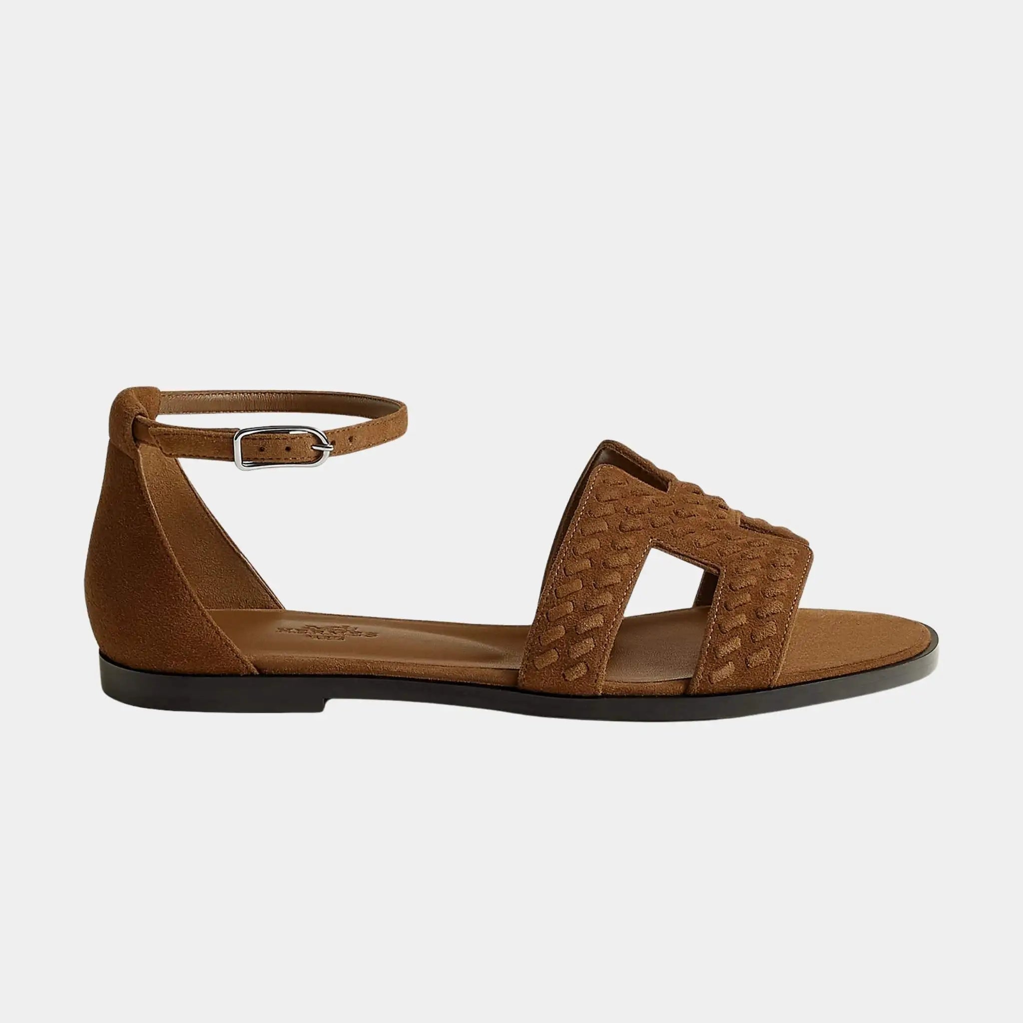 Hermes Santorini Sandal Braided Suede Goatskin, Brun Fume, Side