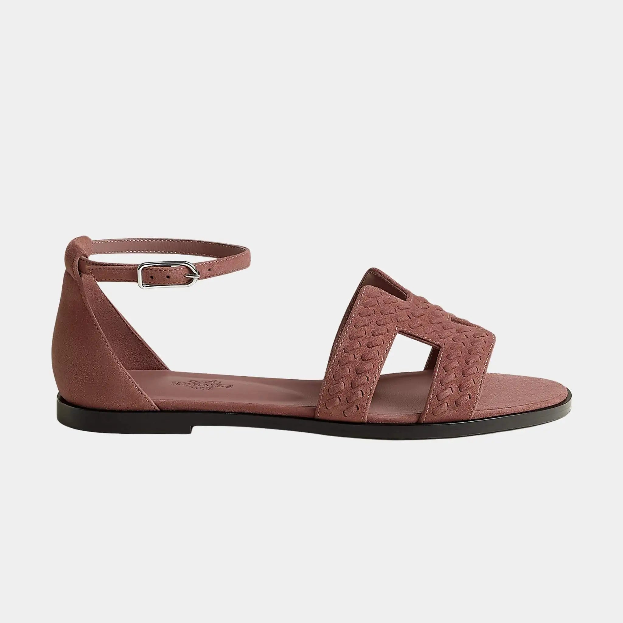 Hermes Santorini Sandal Braided Suede Goatskin, Rose Antique, Side