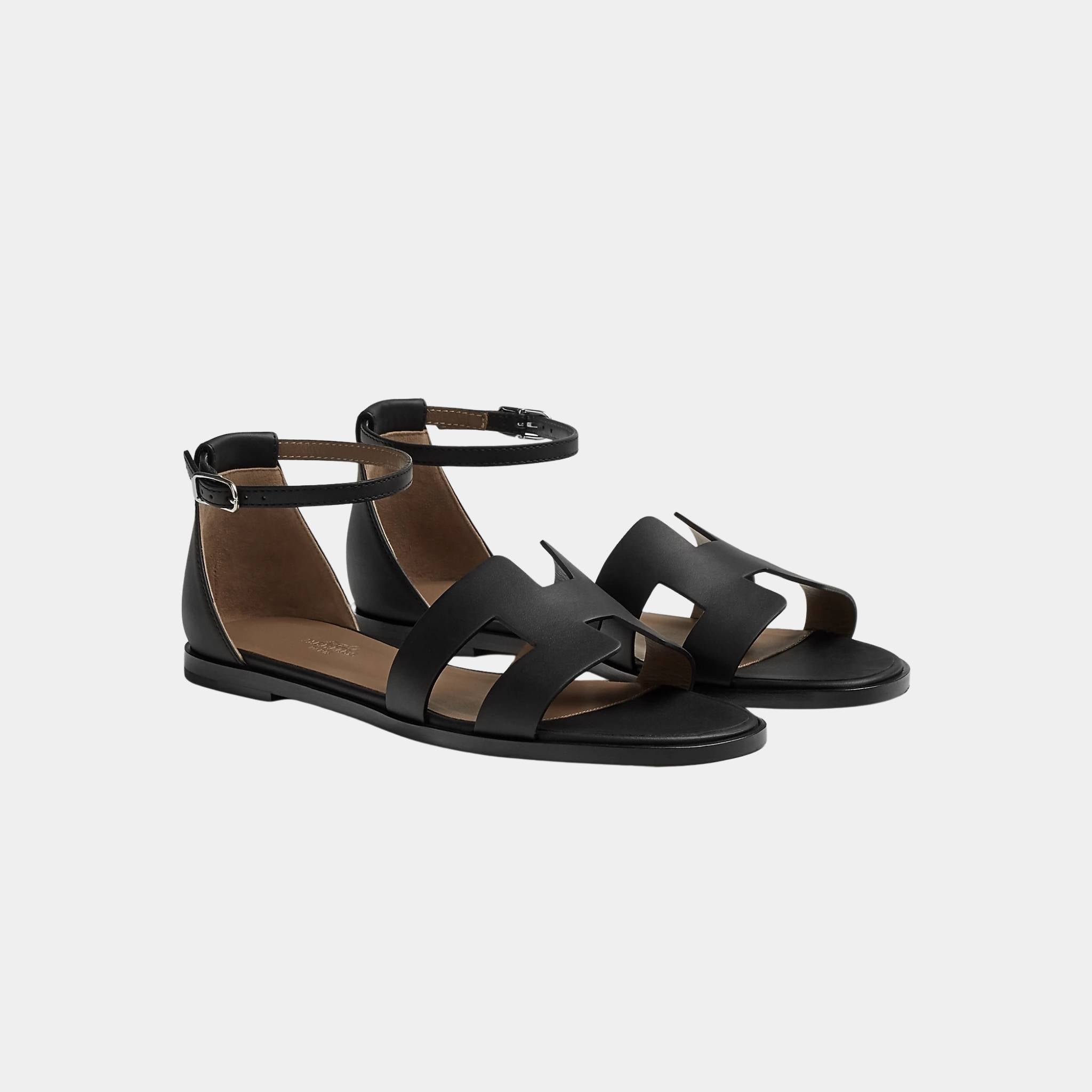 Hermes Santorini Sandal Calfskin, Black, Front