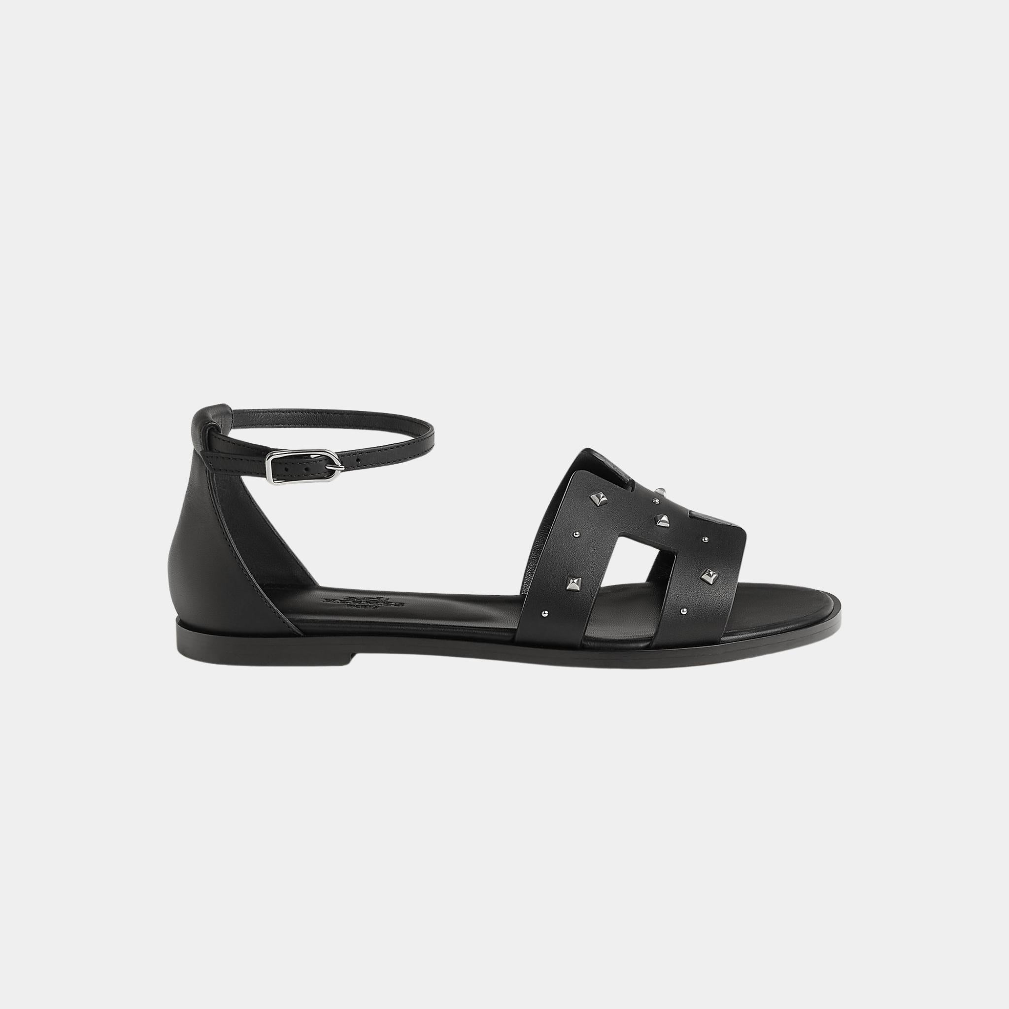 Hermes Santorini Sandals Calfskin With Medor Studs, Black, Side