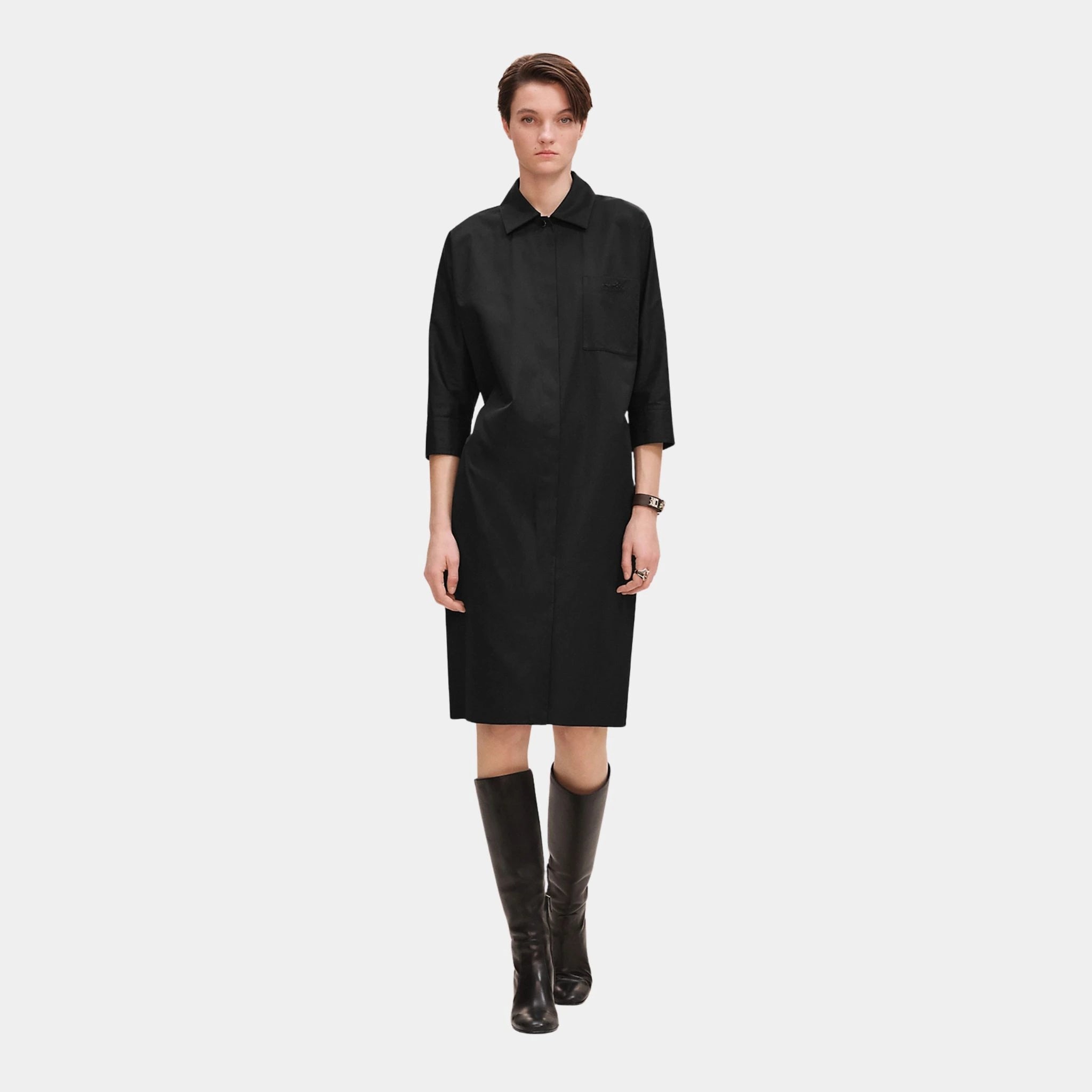 Hermes Shirt Dress in Cotton Twill, Noir, Front