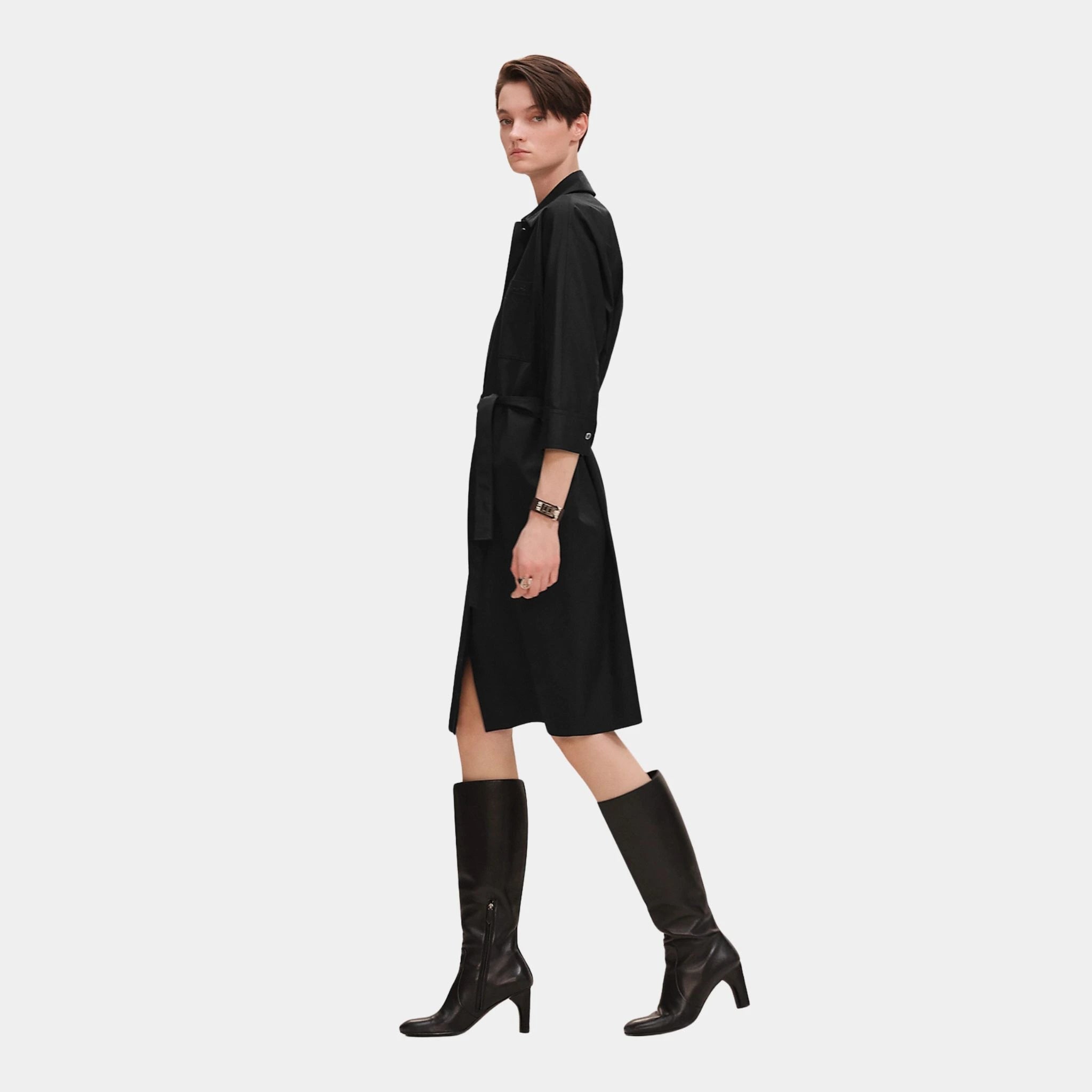 Hermes Shirt Dress in Cotton Twill, Noir, Side