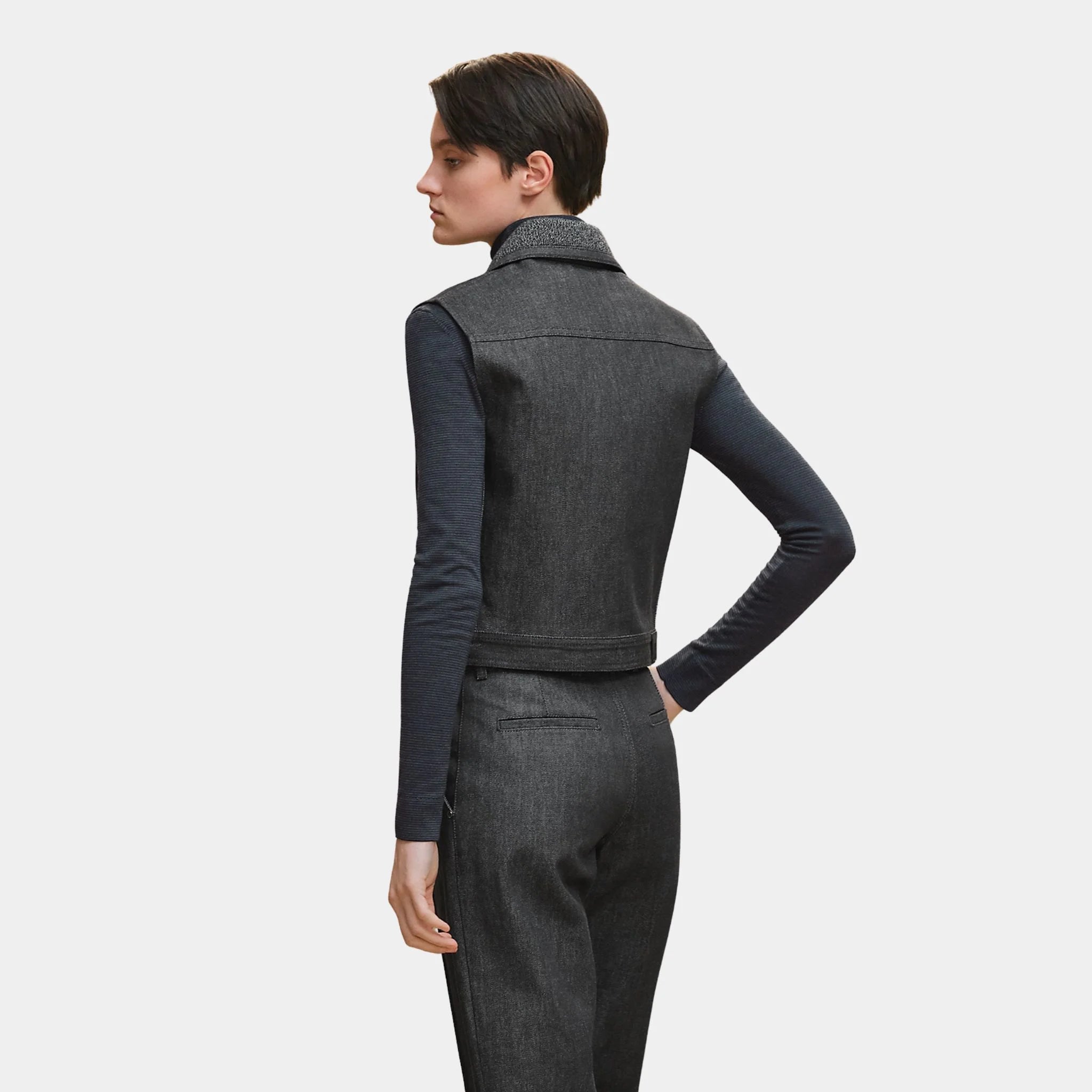 Hermes Sleeveless Jacket in Natural Pigment Denim, Gris Carbone, Back