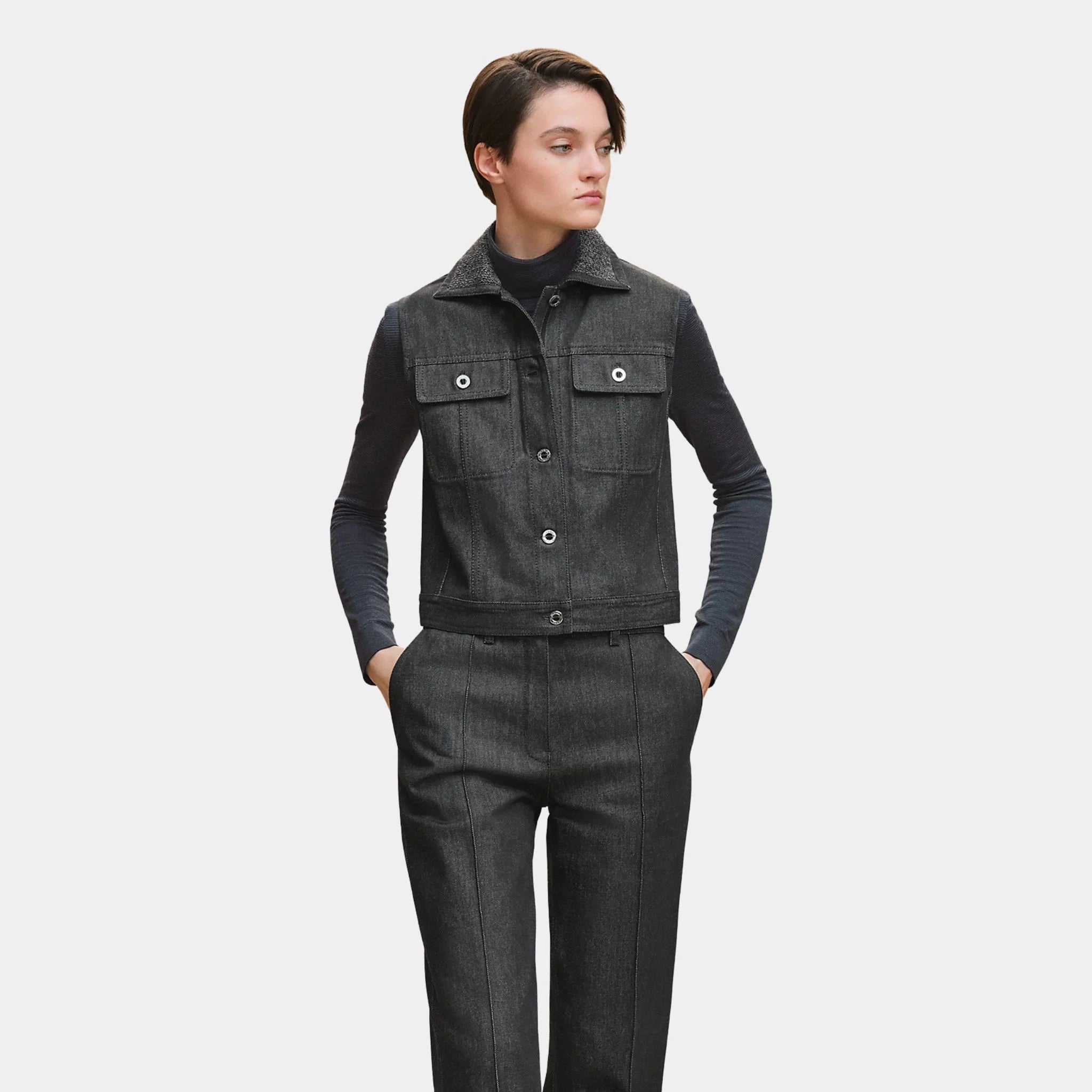 Hermes Sleeveless Jacket in Natural Pigment Denim, Gris Carbone, Front