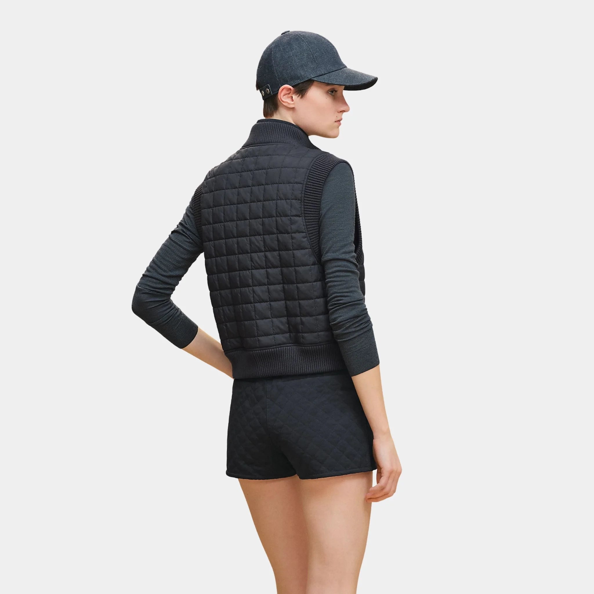 Hermes Sleeveless Quilted Bomber Jacket, Bleu Noir, Back