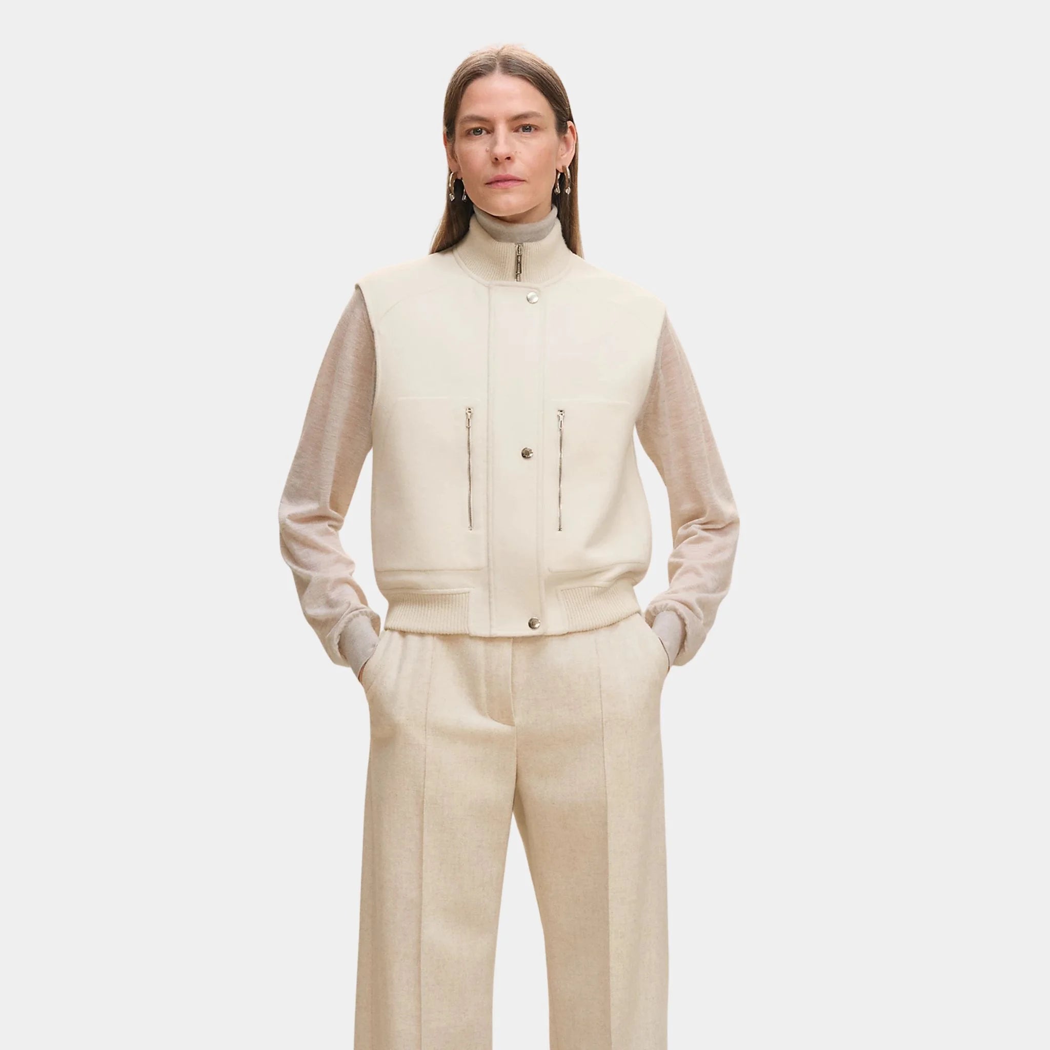 Hermes Sleeveless Short Bomber Jacket in Double-sided Cashmere, Blanc Naturel, Front