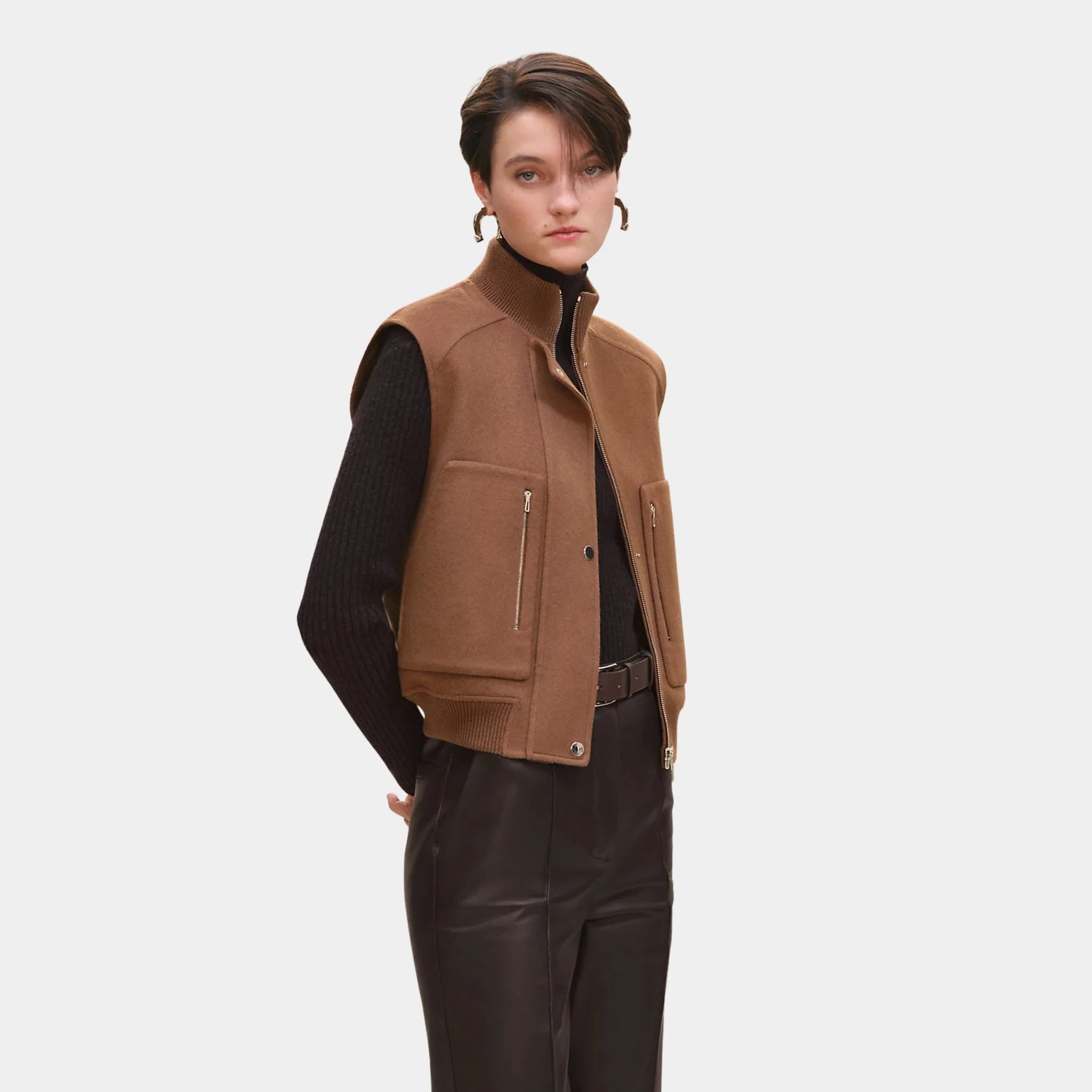 Hermes Sleeveless Short Bomber Jacket in Double-sided Cashmere, Marron Chene, Front