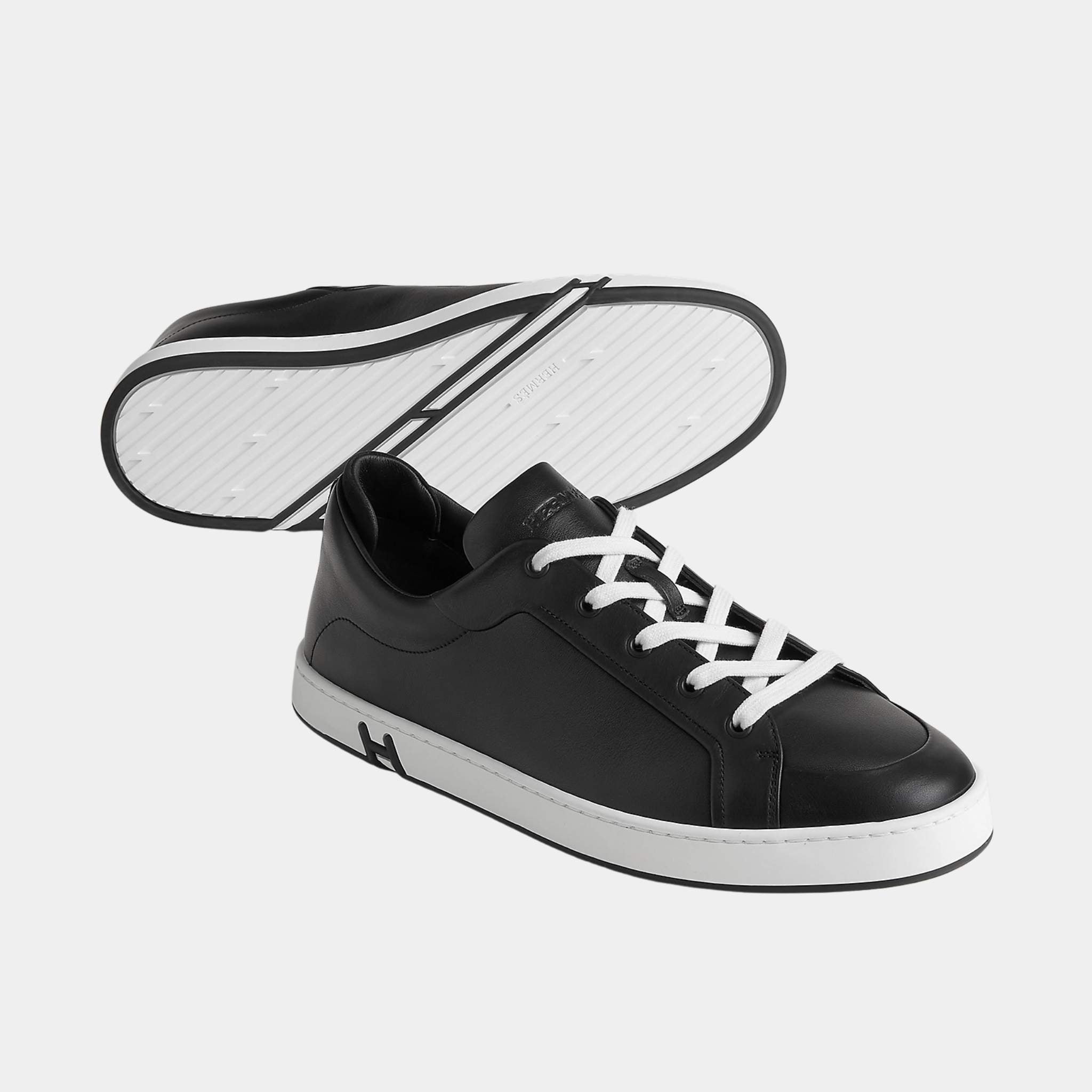 Hermes Sneakers Kid Calfskin and Suede Goatskin, Black, Front