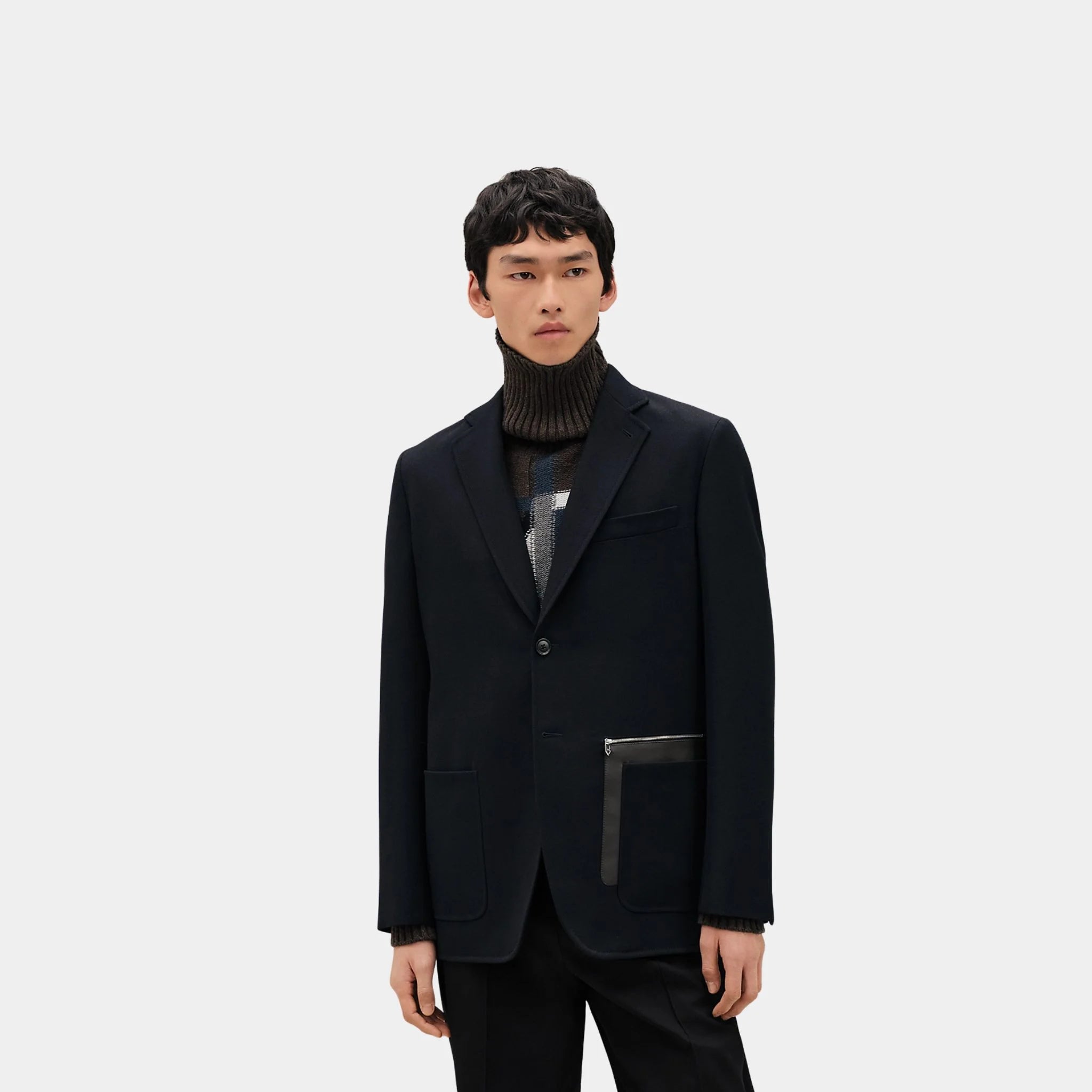 Hermes Stadium Relax Leather Pocket Jacket, Marine, Front