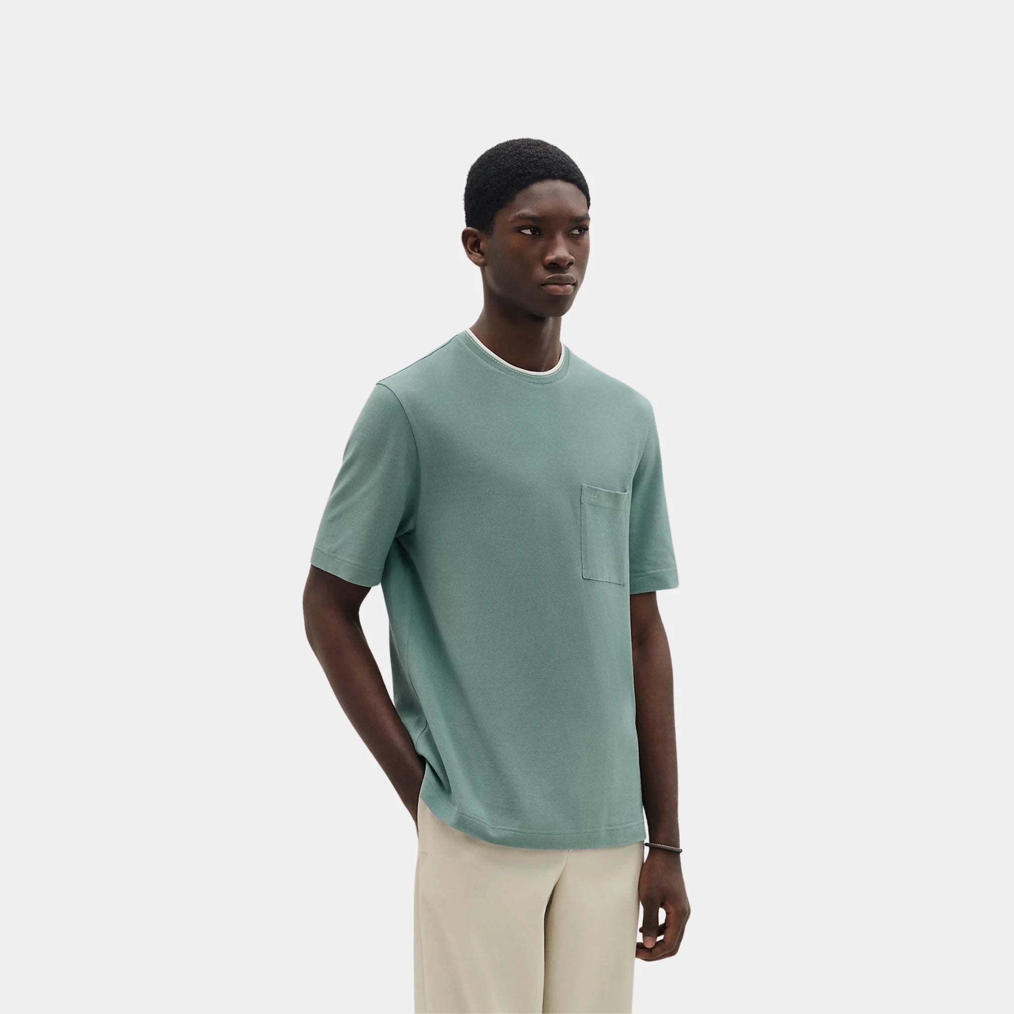 Hermes Piqures Sellier Crewneck T-shirt in Cotton, Celadon, Front