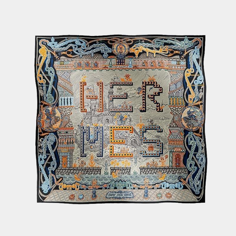 Hermes Super Silk Quest Scarf 90, Black, Gold, Denim