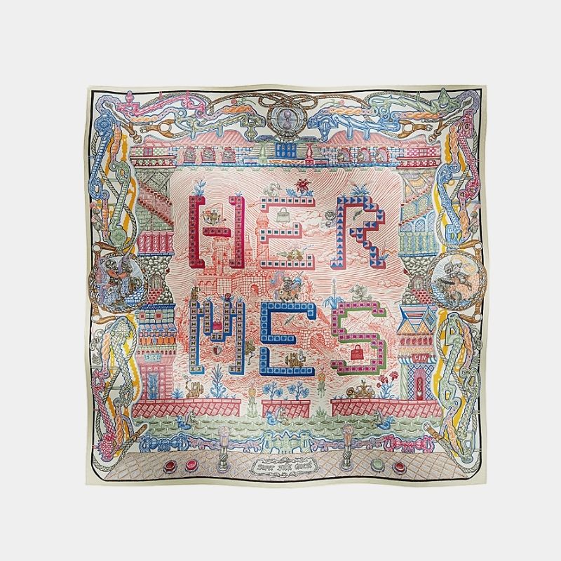 Hermes Super Silk Quest Scarf 90, Ivory, Red, Blue