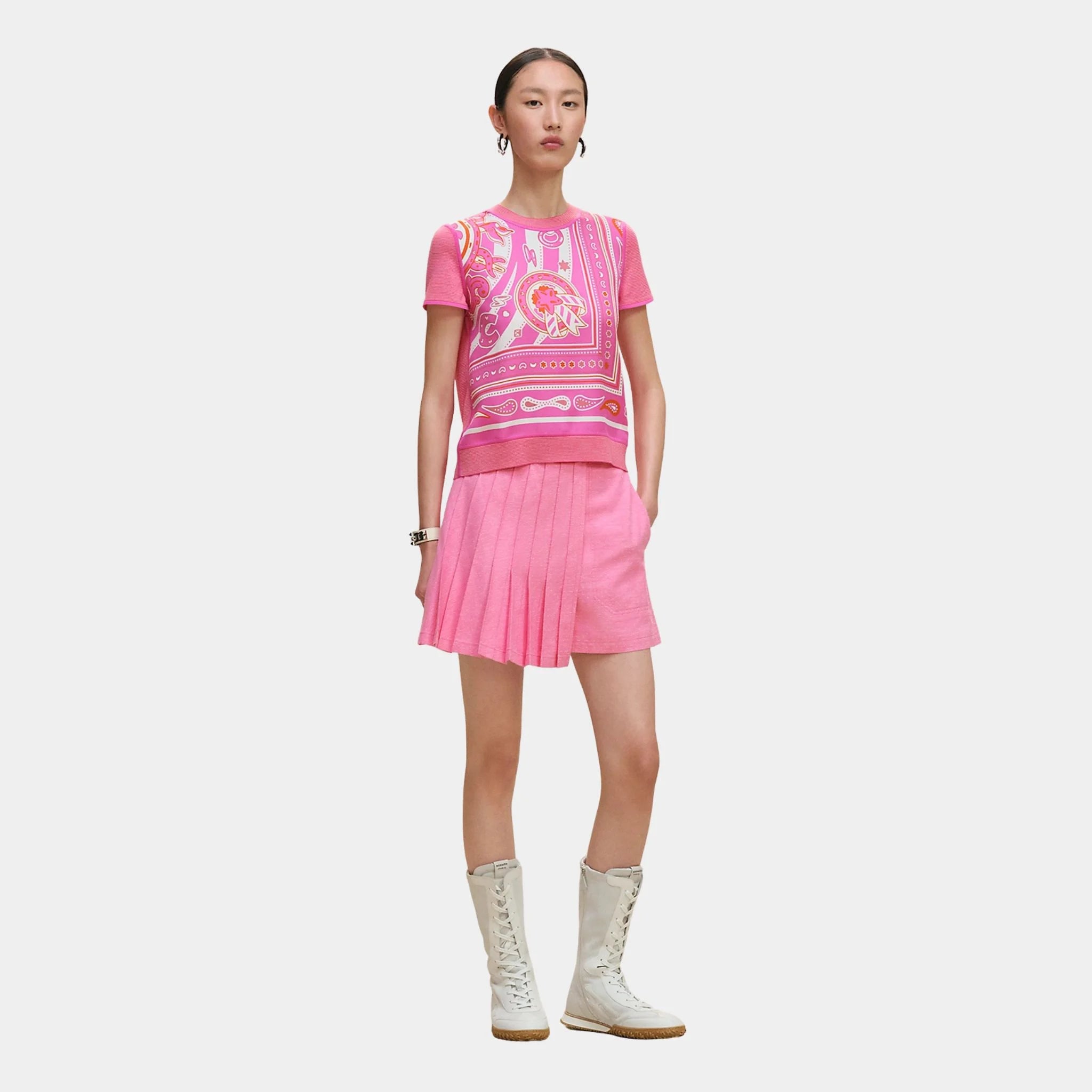 Hermes Twillaine Short-sleeved Sweater with Candy Libris Print, Rose Sakura, Front