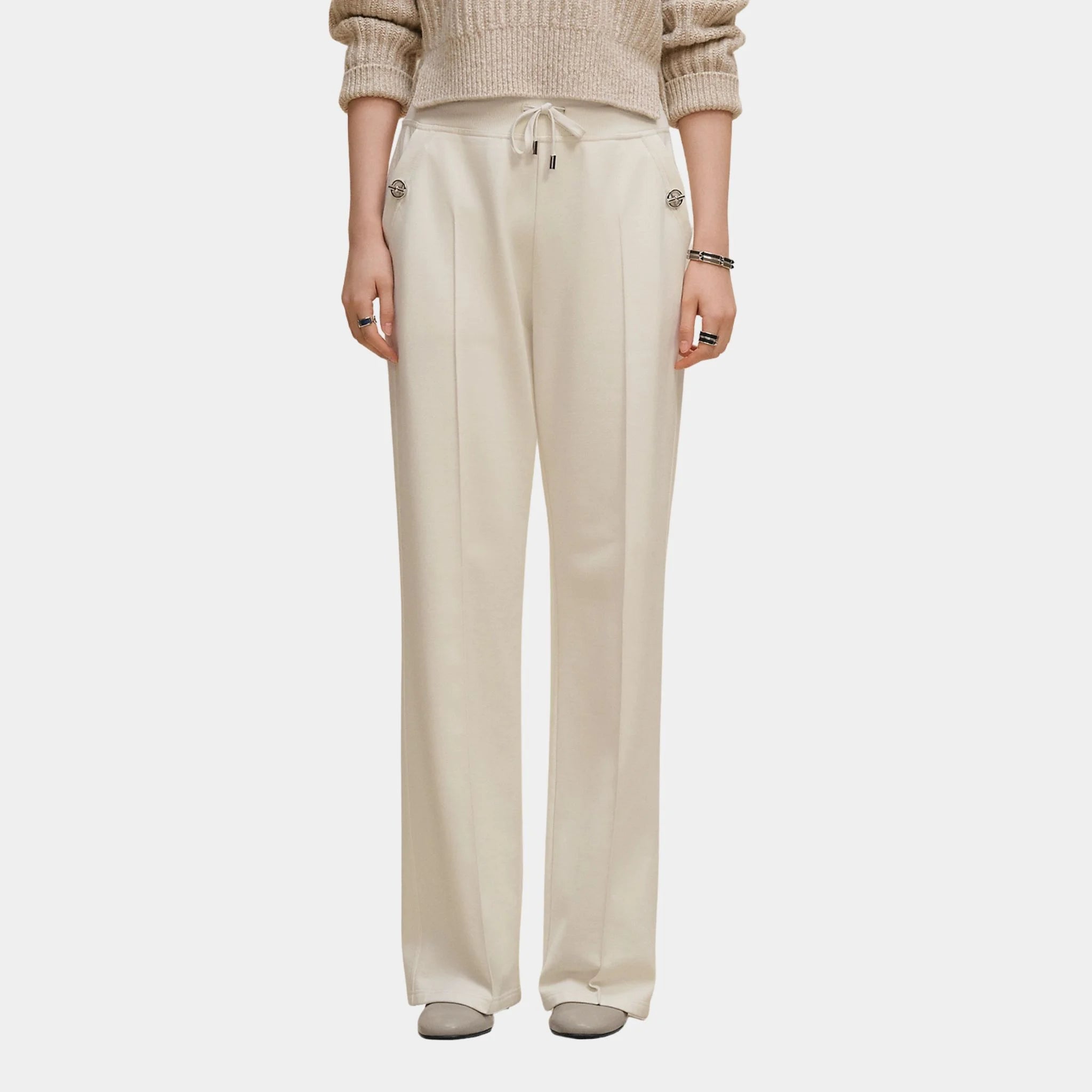 Hermes Wide-legged Pants in Plain Fleece, Blanc Casse, Front