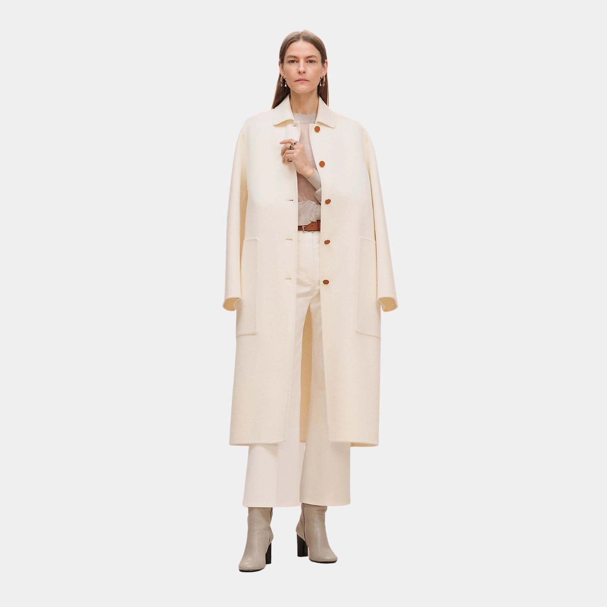 Hermes Wrap Coat in Double-sided Cashmere, Blanc Naturel, Front