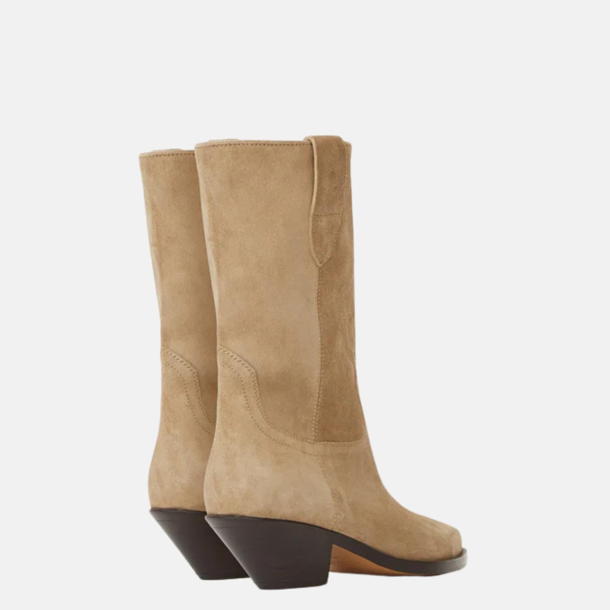 Isabel Marant Dahope Cowboy Boots In Suede Calfskin Leather, Beige, Back