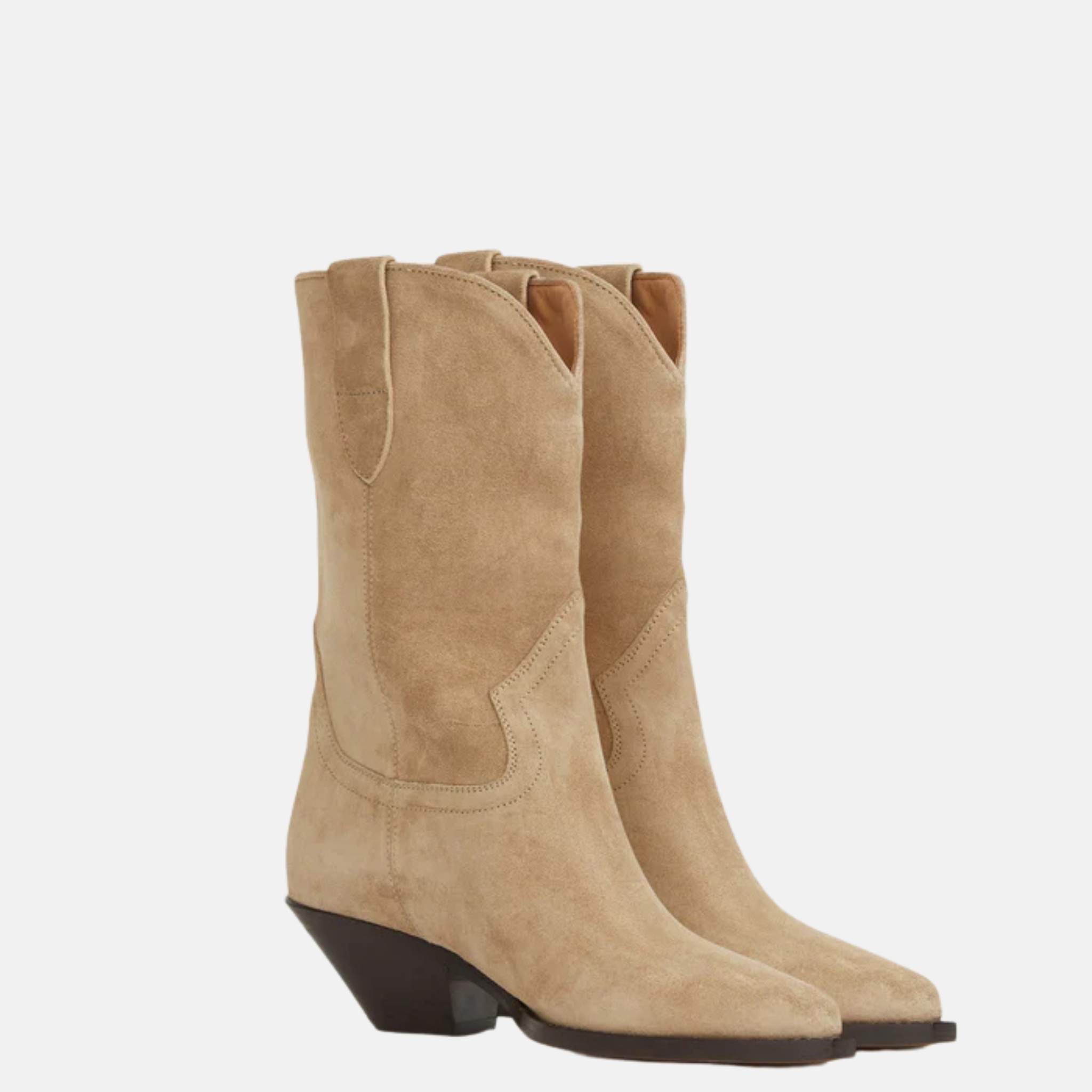 Isabel Marant Dahope Cowboy Boots In Suede Calfskin Leather, Beige, Front
