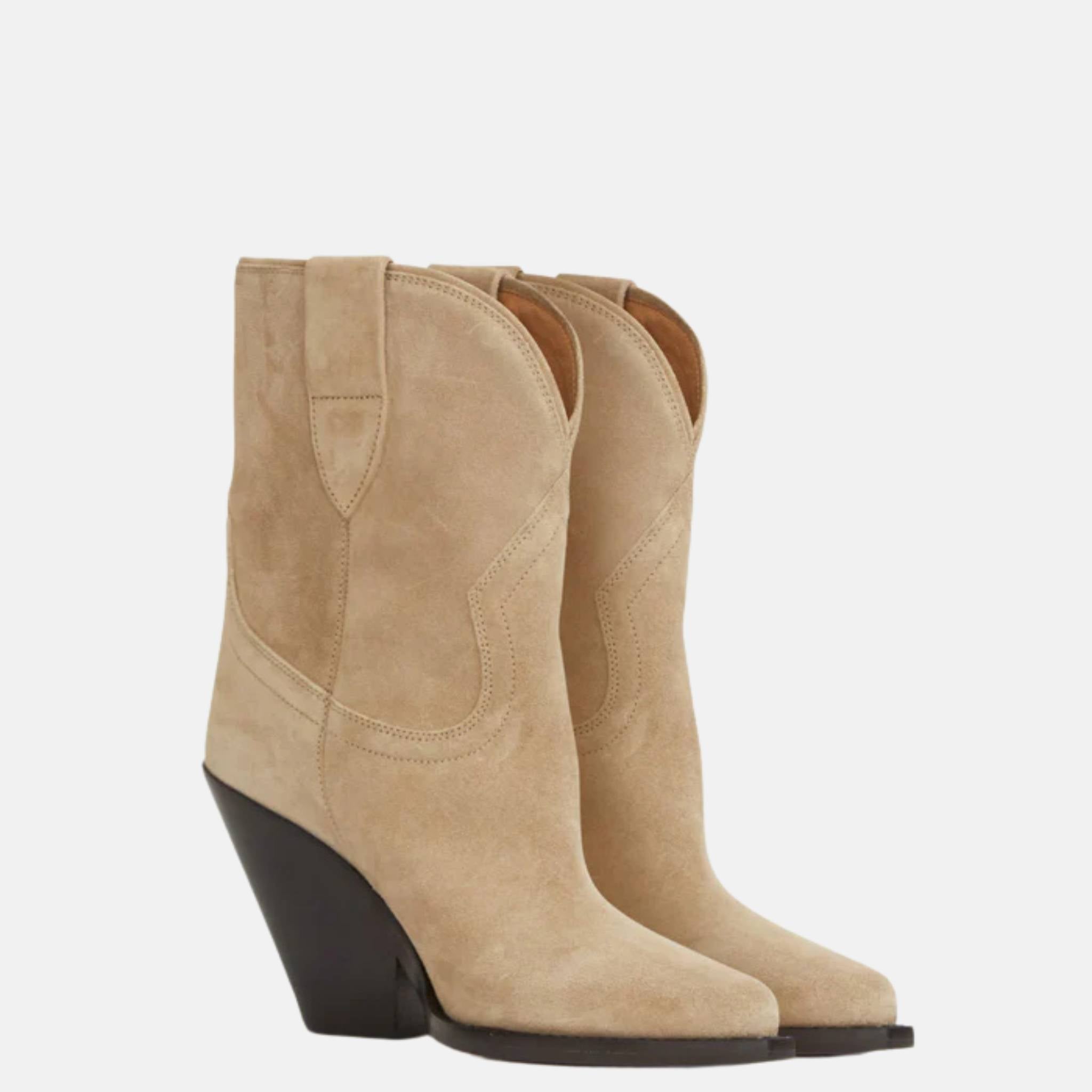 Isabel Marant Leyane Cowboy Boots In Suede Calfskin Leather, Beige, Front