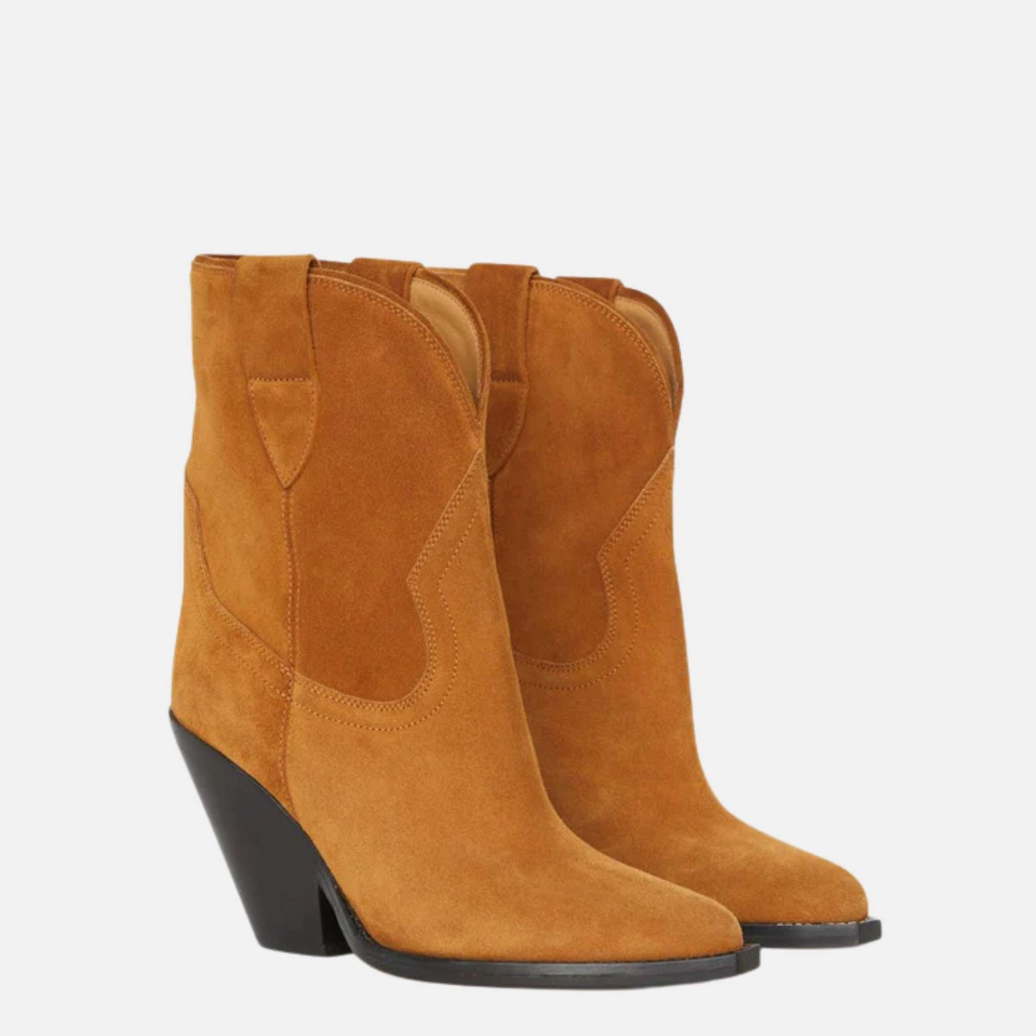 Isabel Marant Leyane Cowboy Boots In Suede Calfskin Leather, Cognac, Front