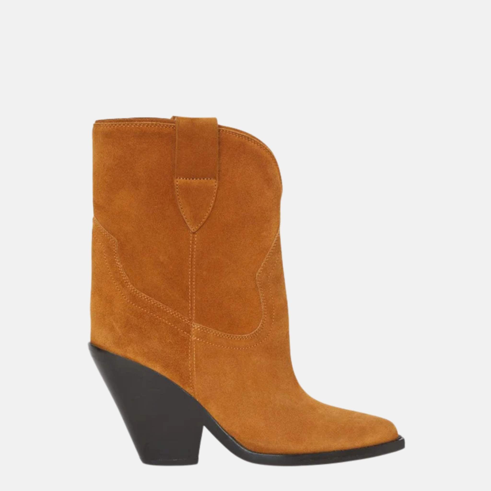 Isabel Marant Leyane Cowboy Boots In Suede Calfskin Leather, Cognac, Side