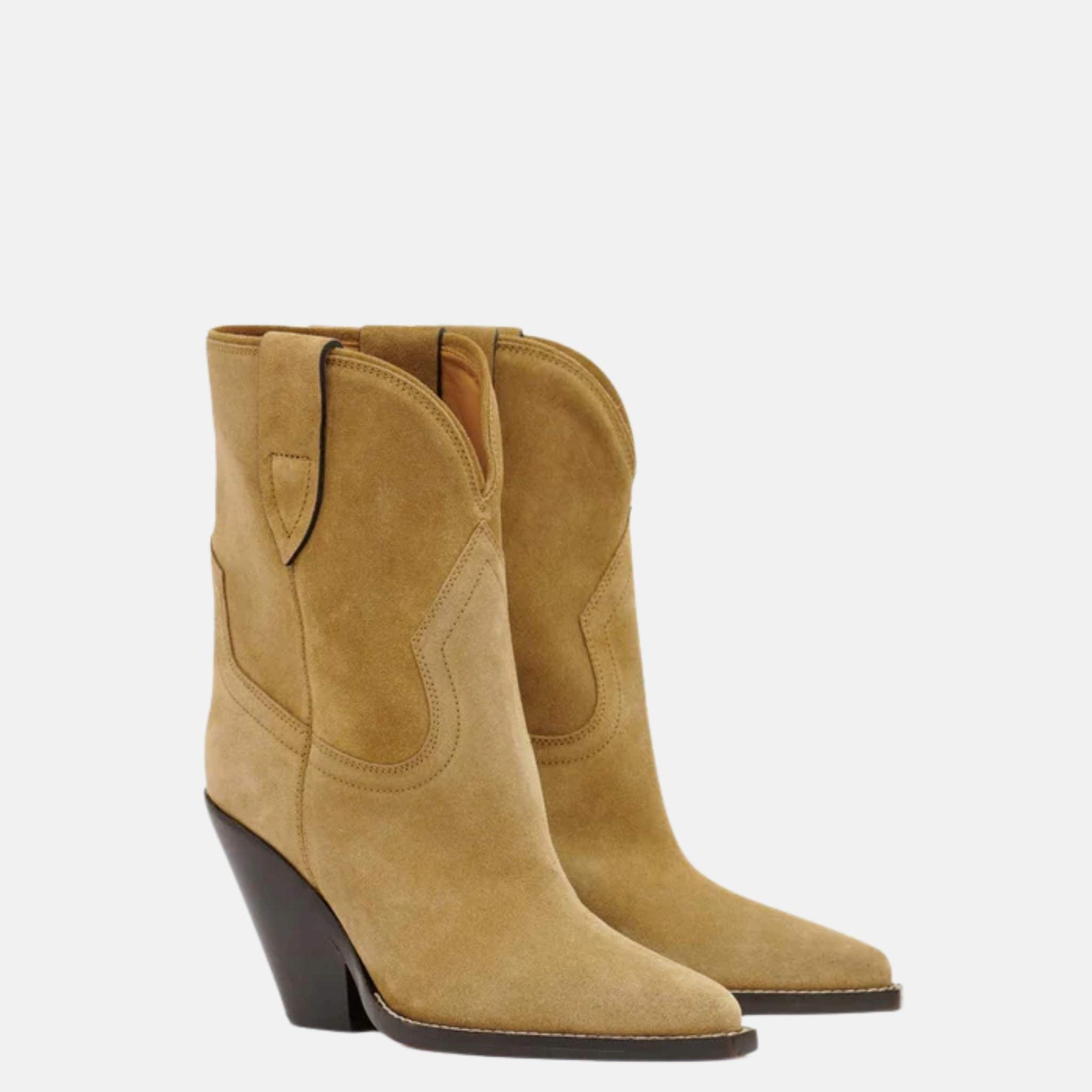Isabel Marant Leyane Cowboy Boots In Suede Calfskin Leather, Taupe, Front