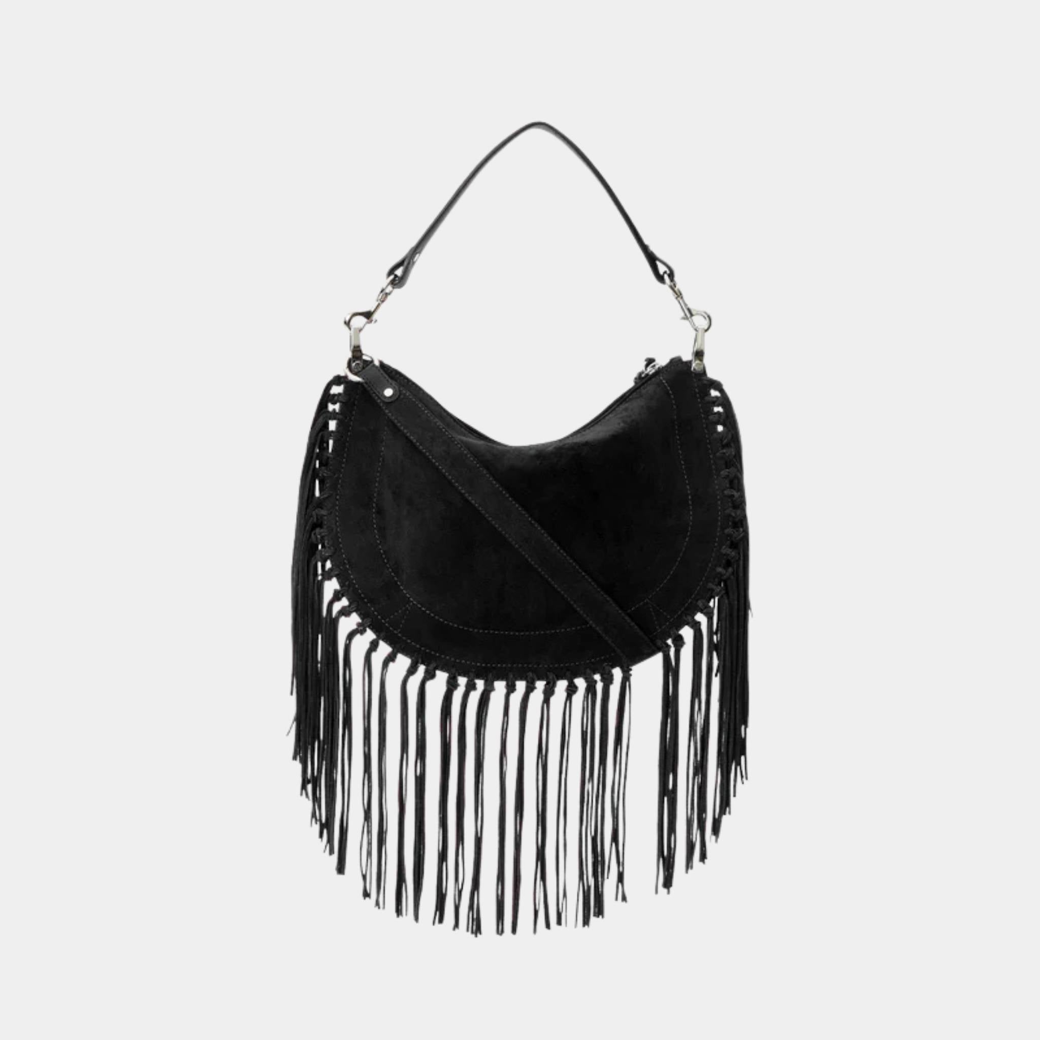 Isabel Marant Oskan Soft Zipped Studded and Fringed Leather Bag, Black, Back