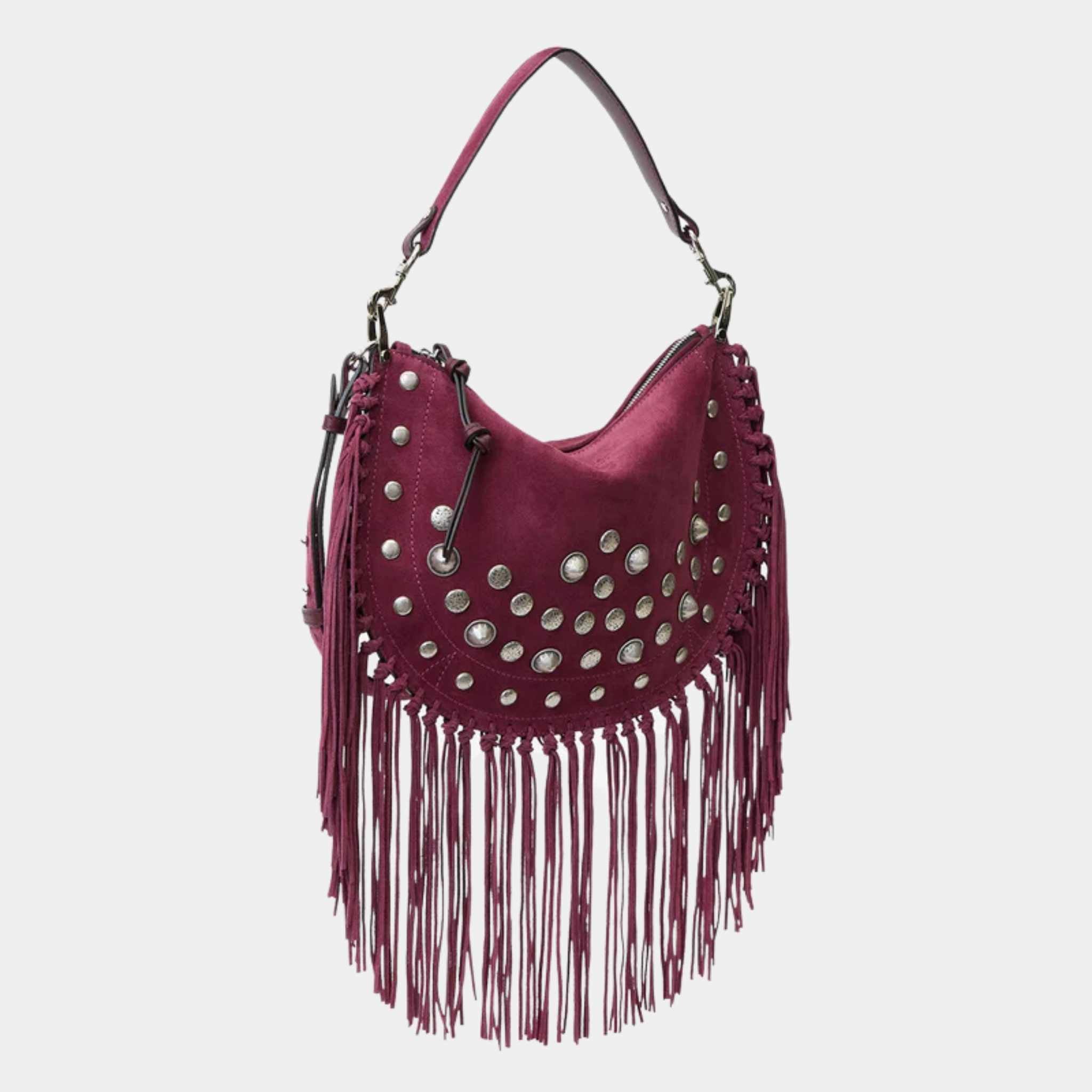 Isabel Marant Oskan Soft Zipped Studded and Fringed Leather Bag, Burgundy, Side
