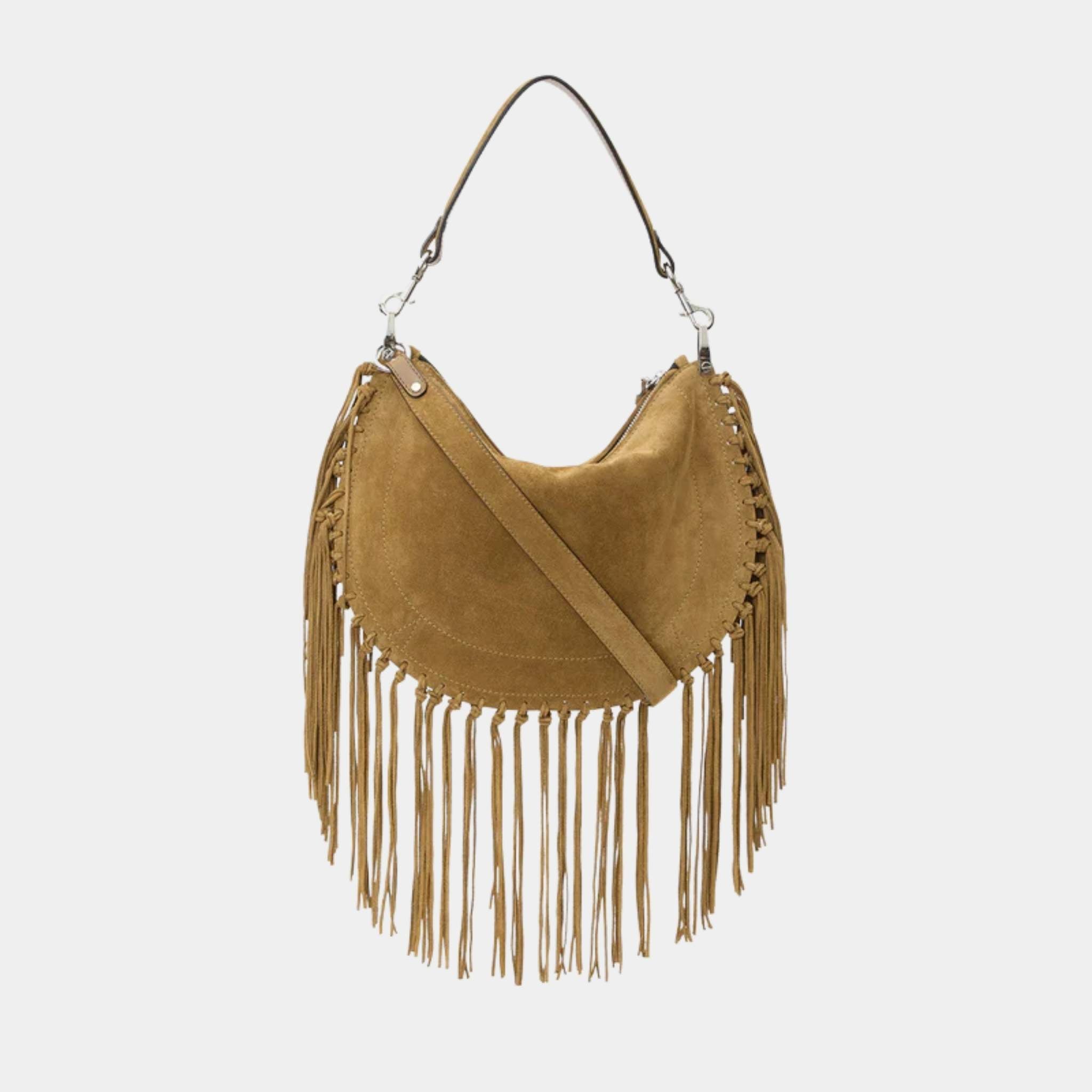 Isabel Marant Oskan Soft Zipped Studded and Fringed Leather Bag, Taupe, Back