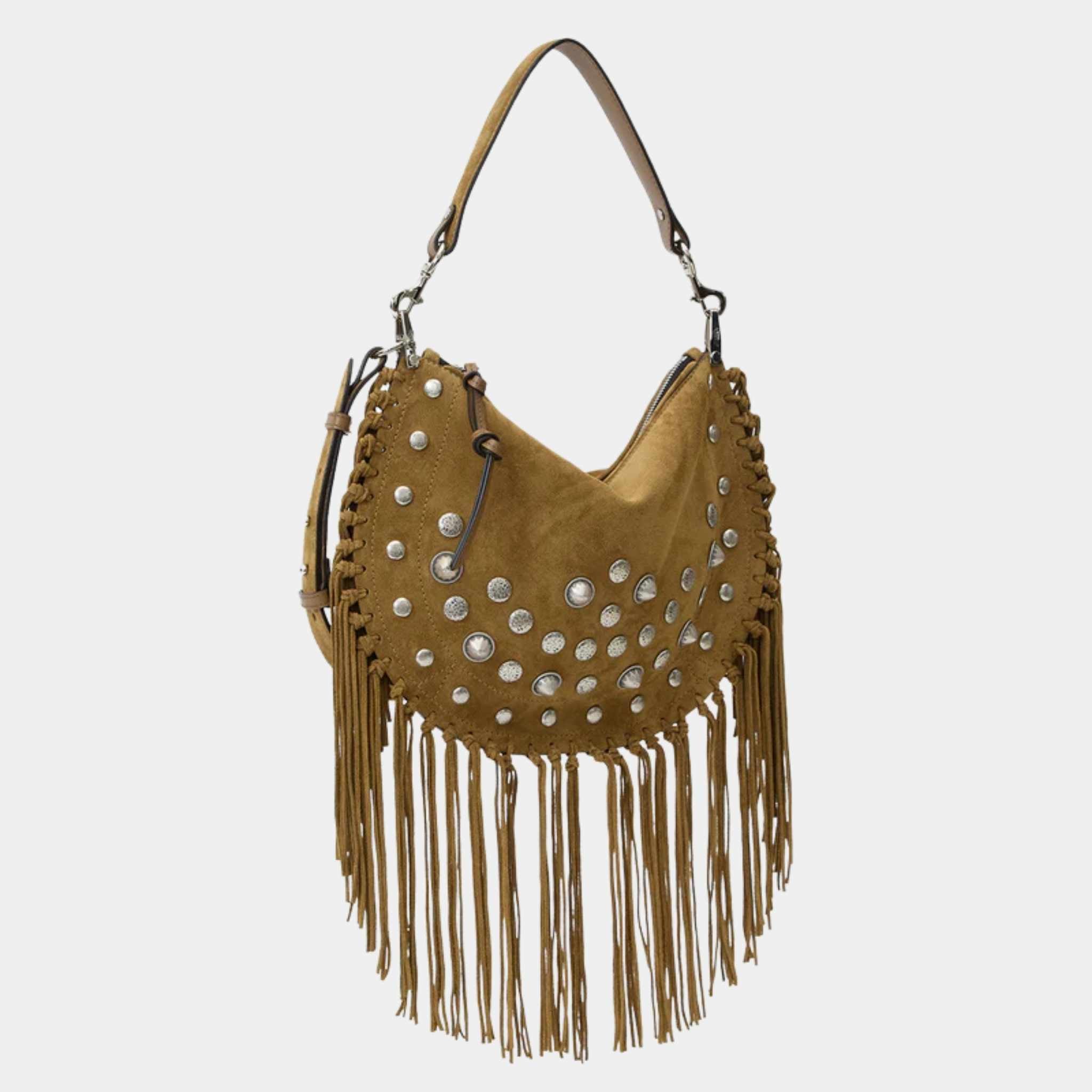 Isabel Marant Oskan Soft Zipped Studded and Fringed Leather Bag, Taupe, Side