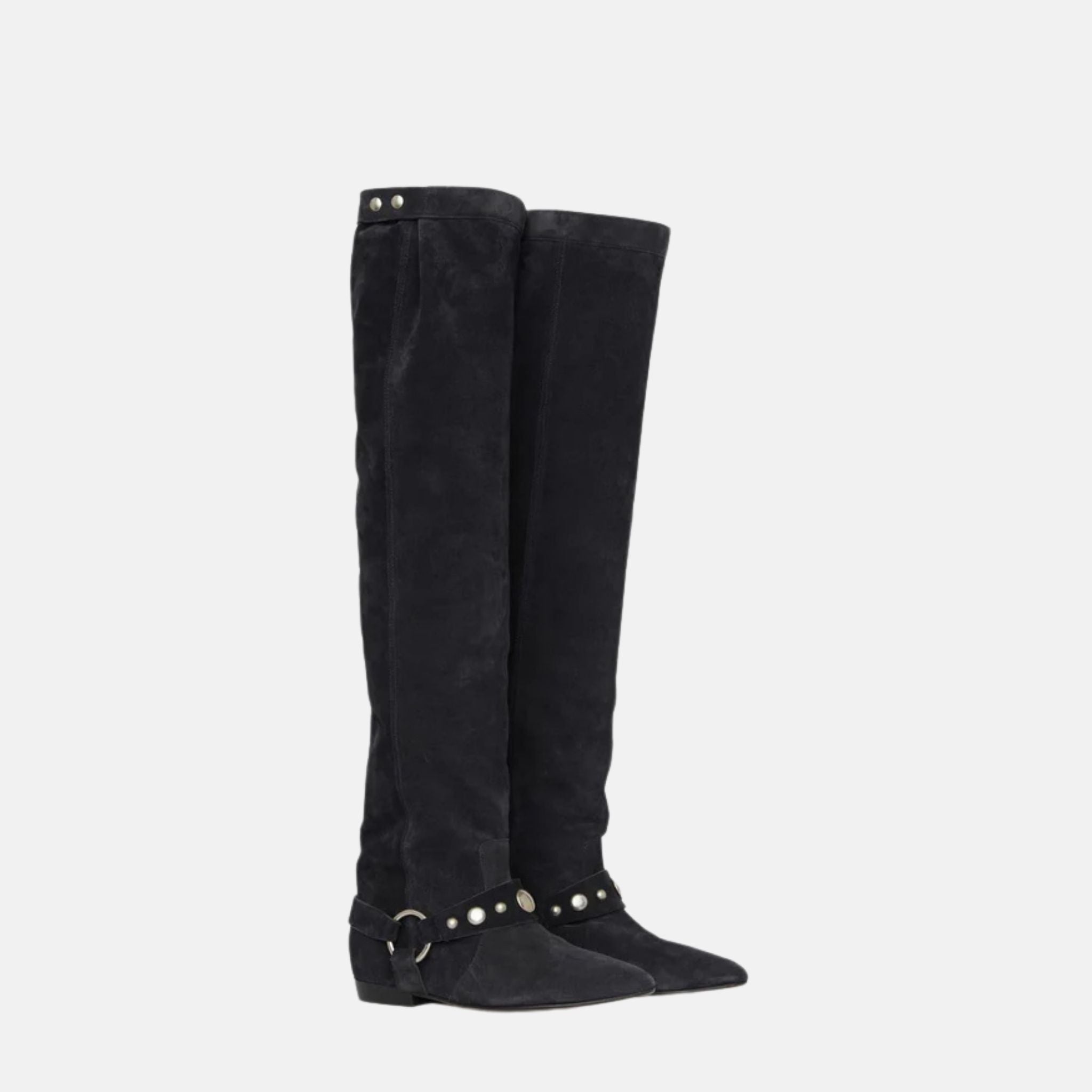 Isabel Marant Selize Flat Heeled Thigh Boots In Suede Calfskin Leather, Black, Front