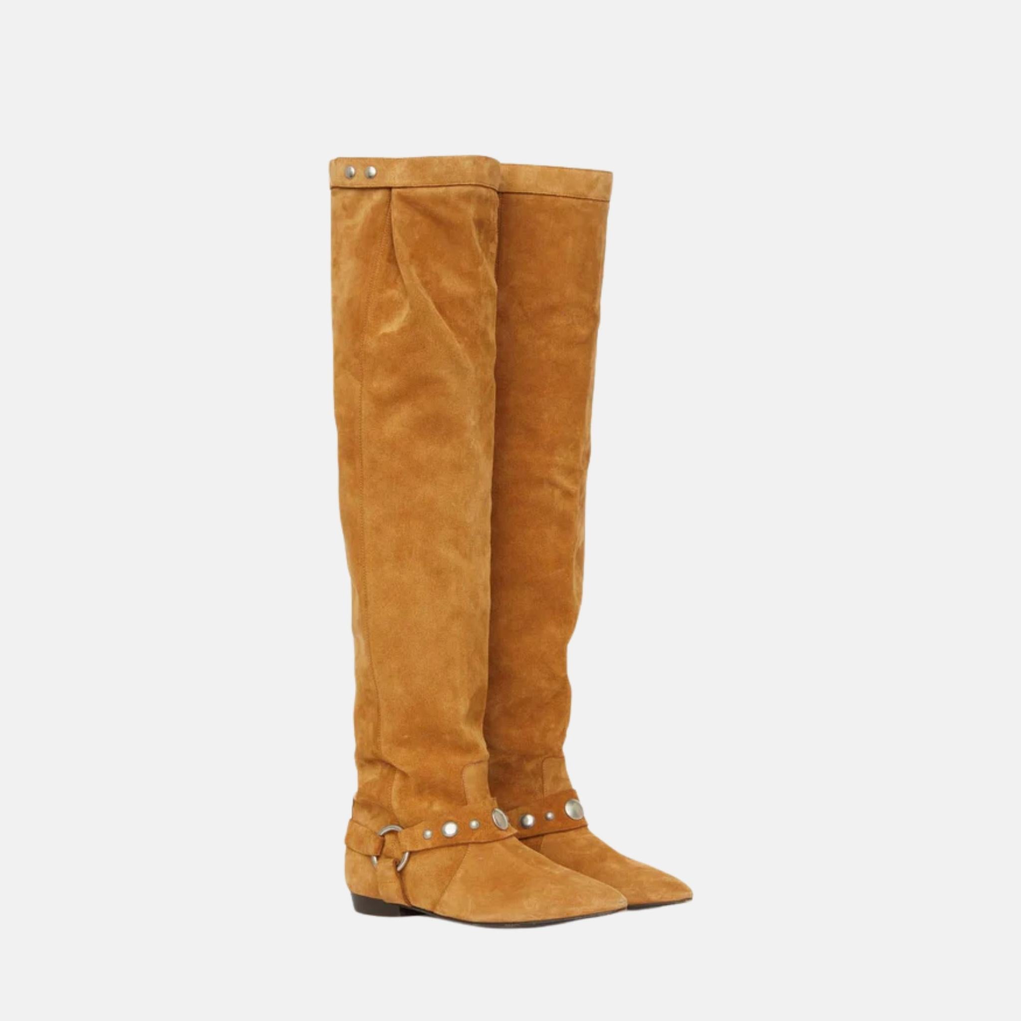 Isabel Marant Selize Flat Heeled Thigh Boots In Suede Calfskin Leather, Cognac, Front