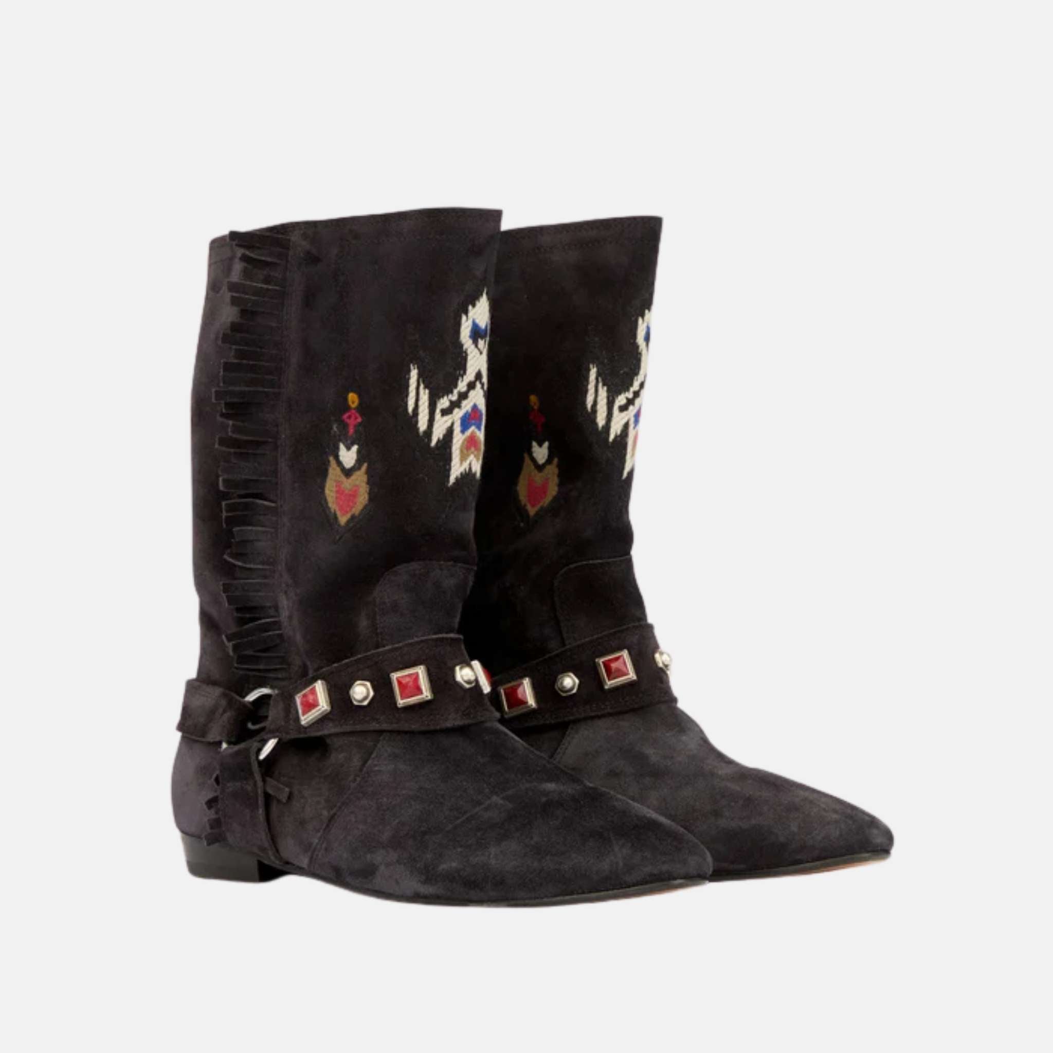 Isabel Marant Siani Flat Boots In Embroidered Suede Calfskin, Black, Front