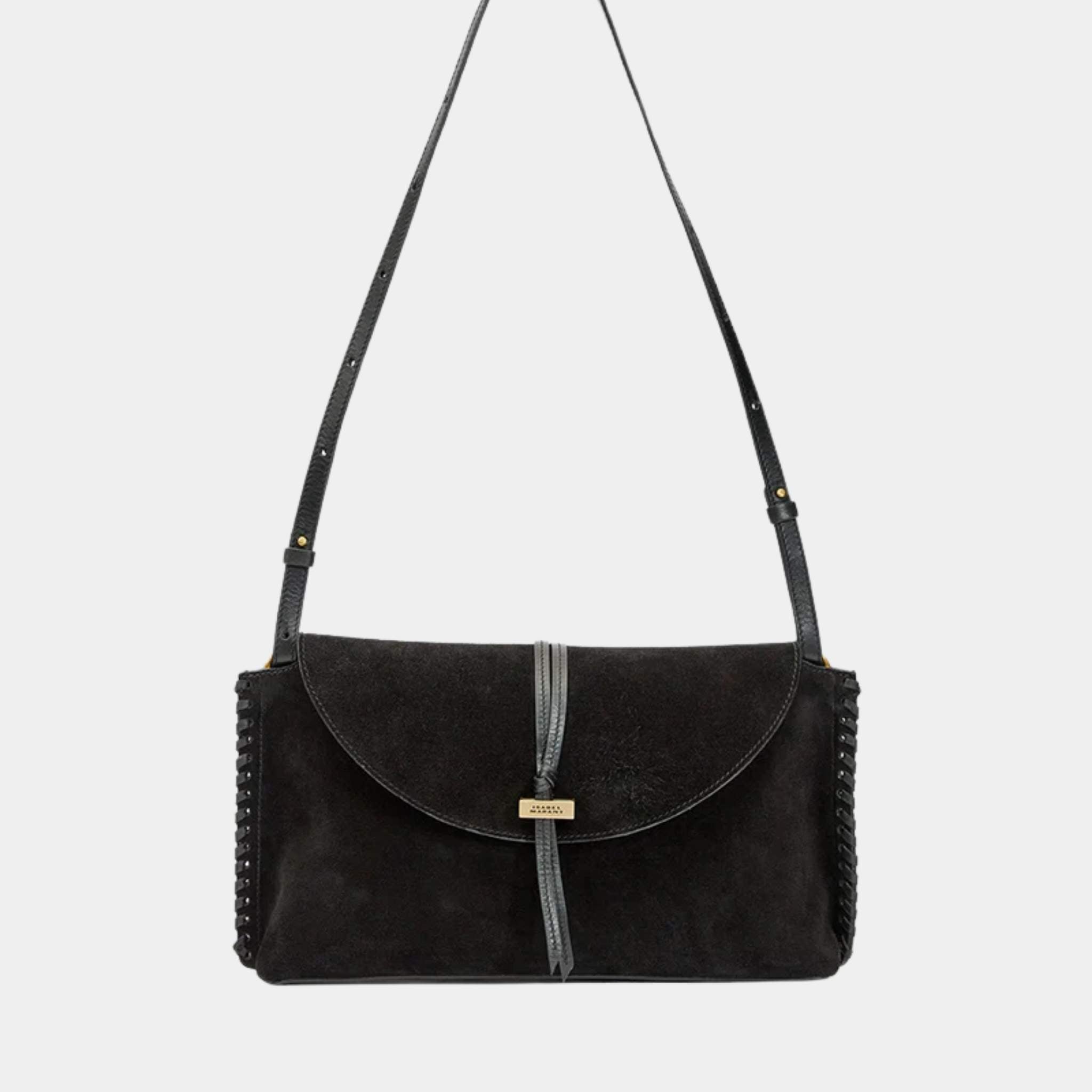 Isabel Marant Silao Braided Suede Calfskin Leather Clutch Bag, Black, Front