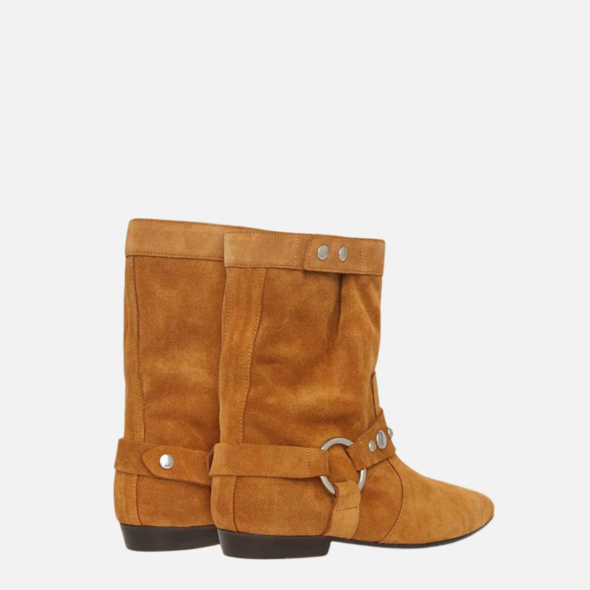 Isabel Marant Stania Flat Boots In Suede Calfskin Leather, Cognac, Back