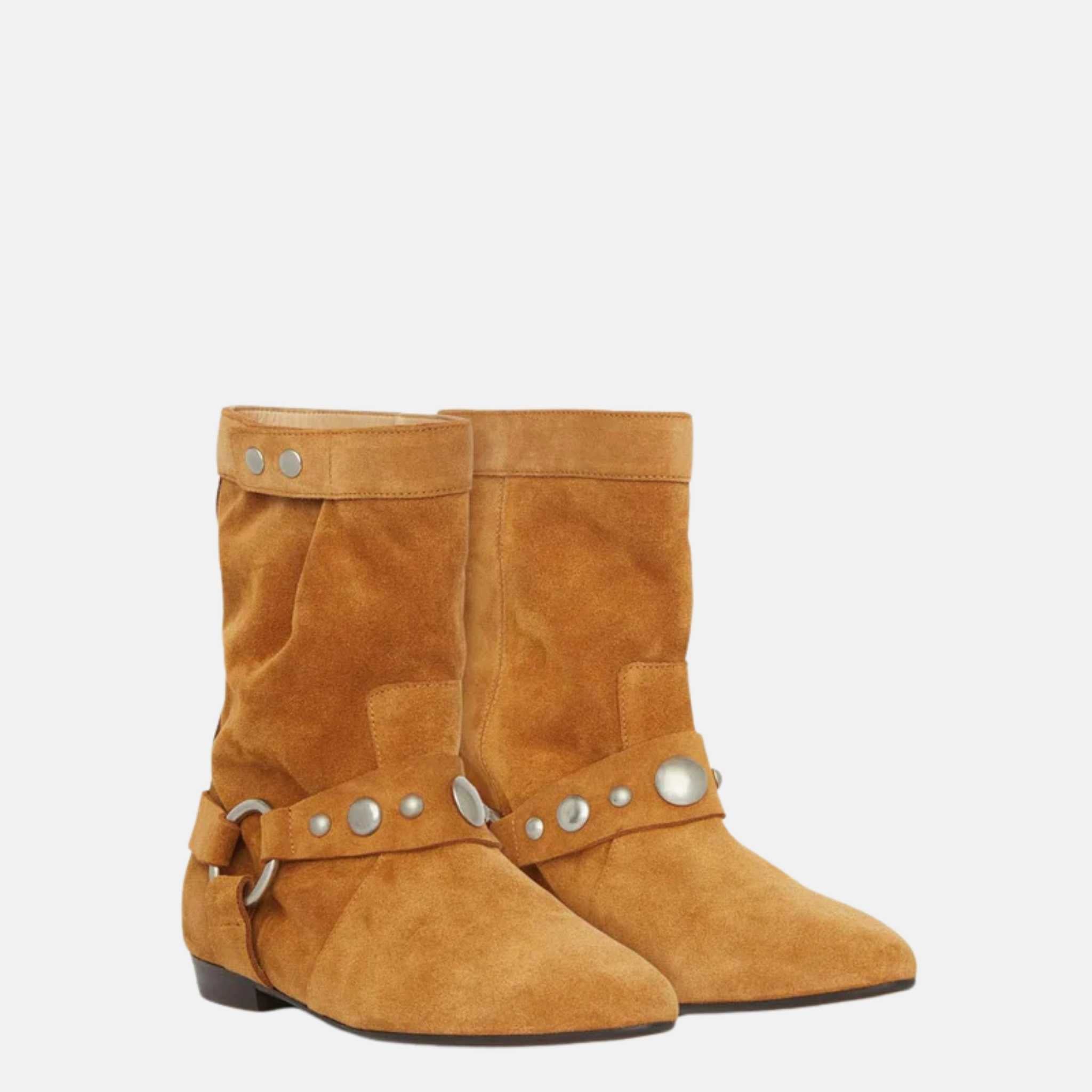 Isabel Marant Stania Flat Boots In Suede Calfskin Leather, Cognac, Front