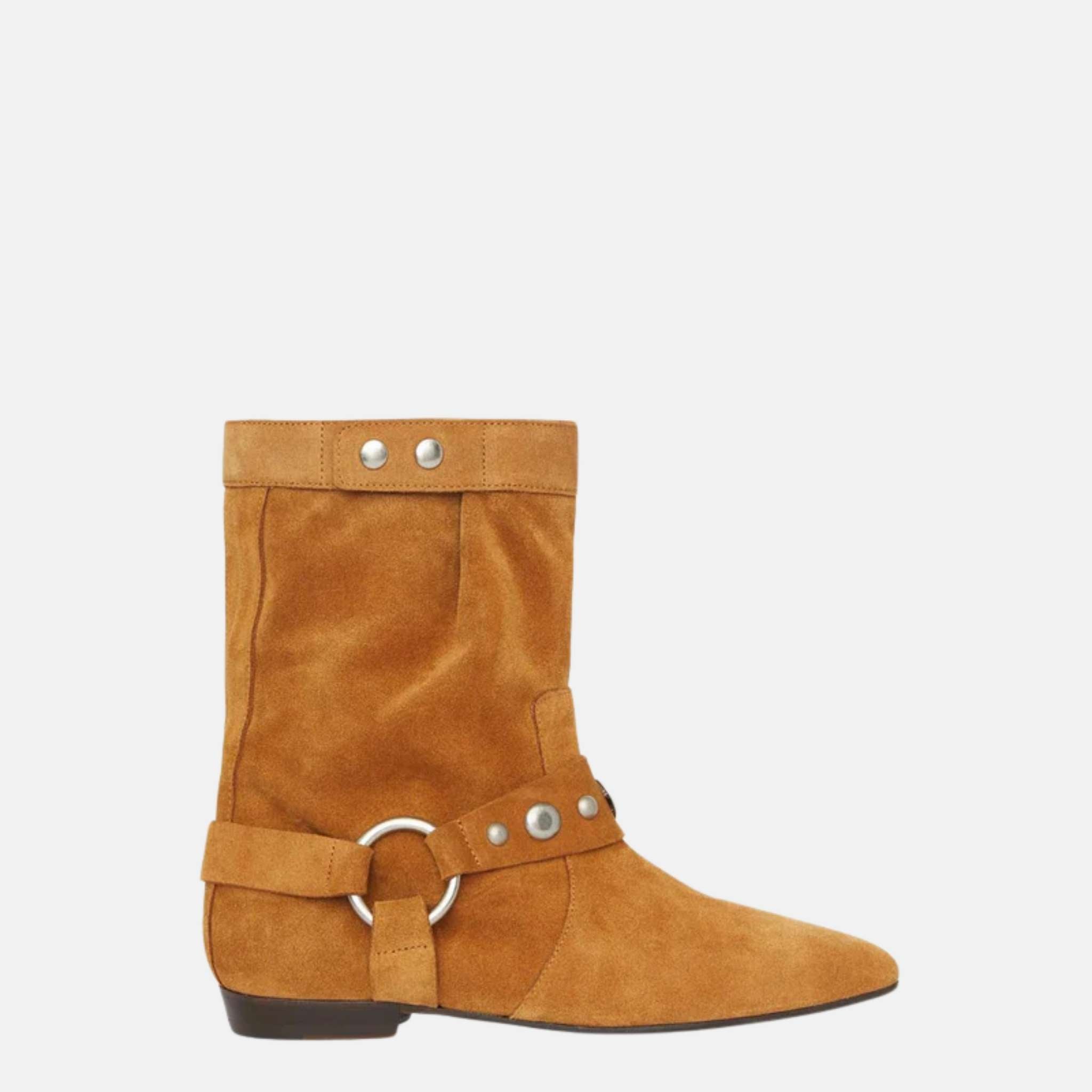 Isabel Marant Stania Flat Boots In Suede Calfskin Leather, Cognac, Side
