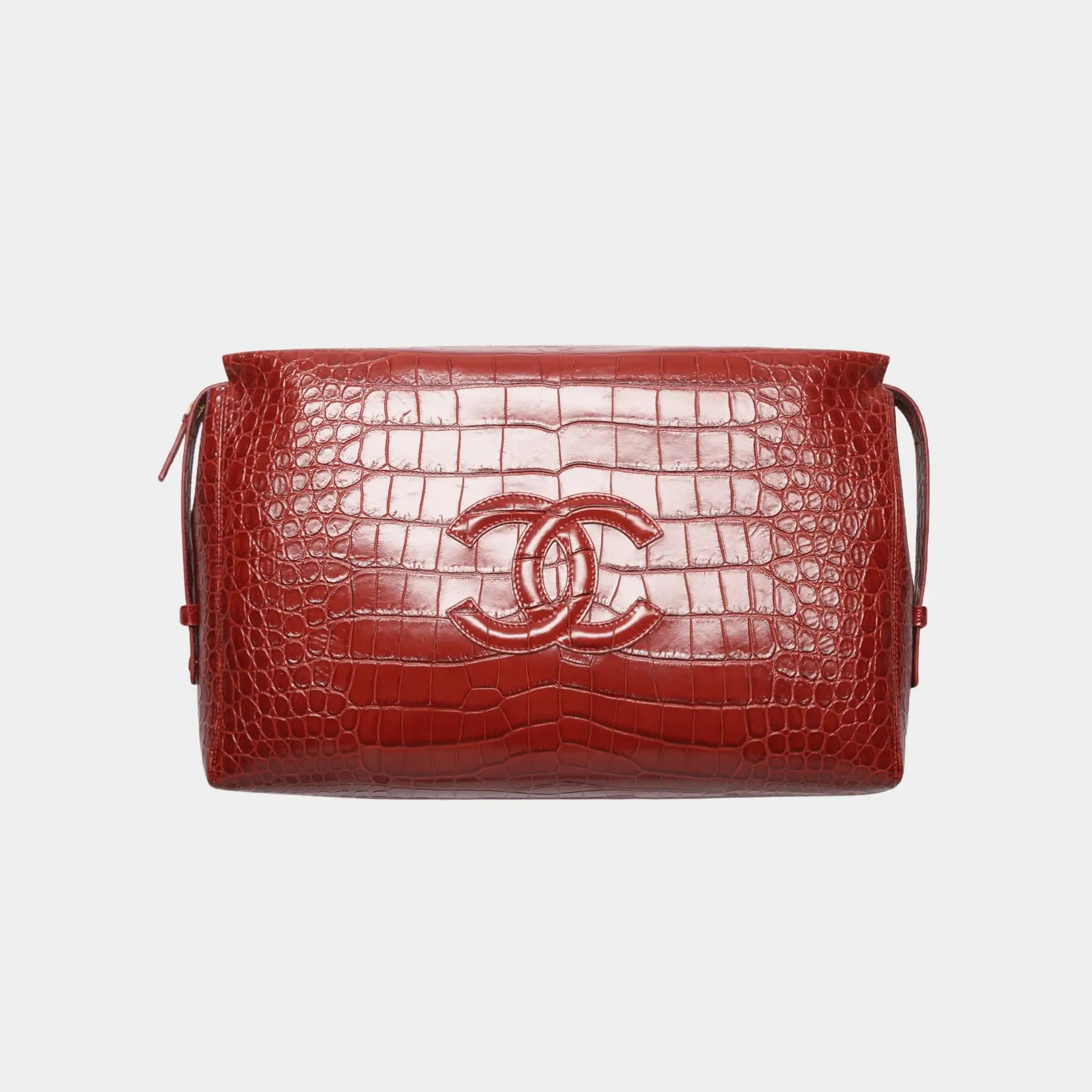 Chanel Large Zipped Pouch in Burgundy Crocodile Embossed Calfskin, Front