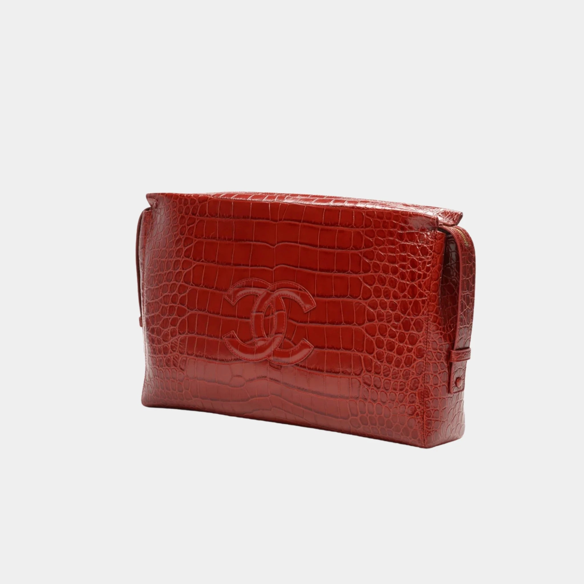 Chanel Large Zipped Pouch in Burgundy Crocodile Embossed Calfskin, Side