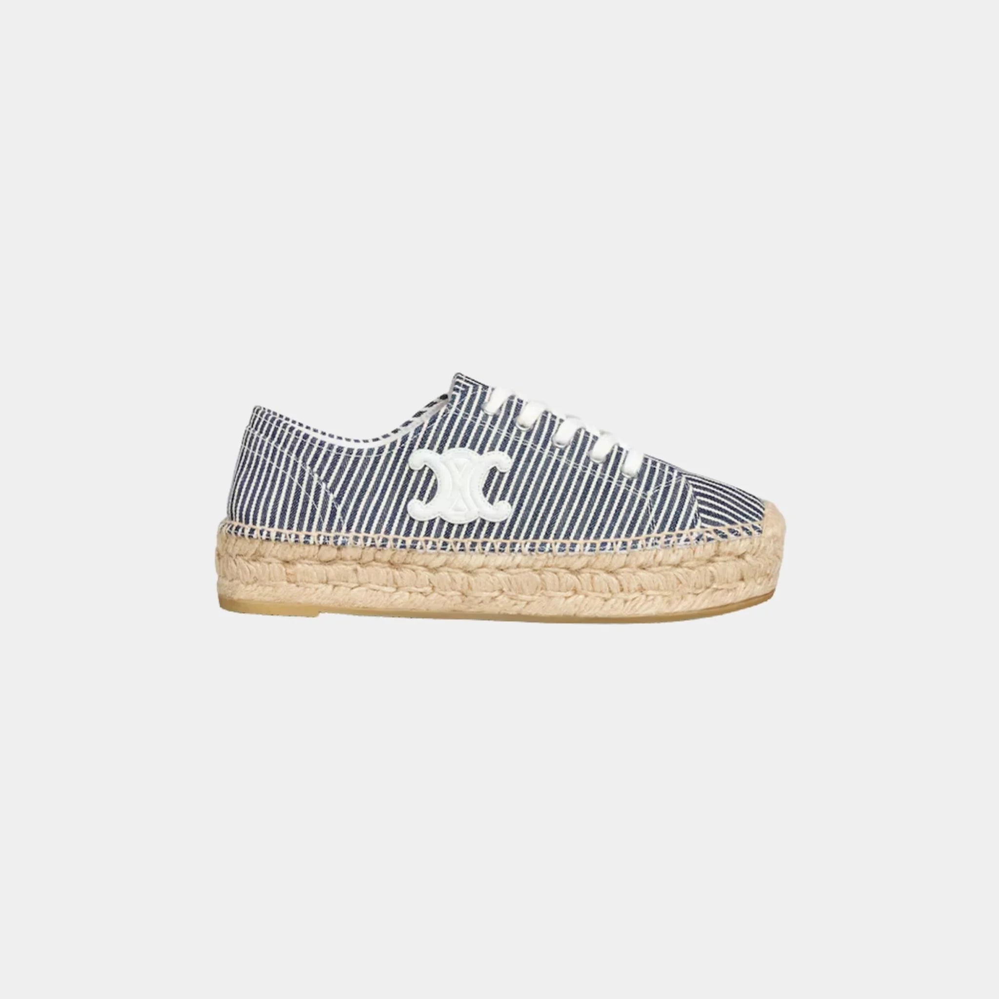 Les Espadrilles Celine Lace-up in Oshkosh Canvas and Calfskin, Off White, Navy, Side