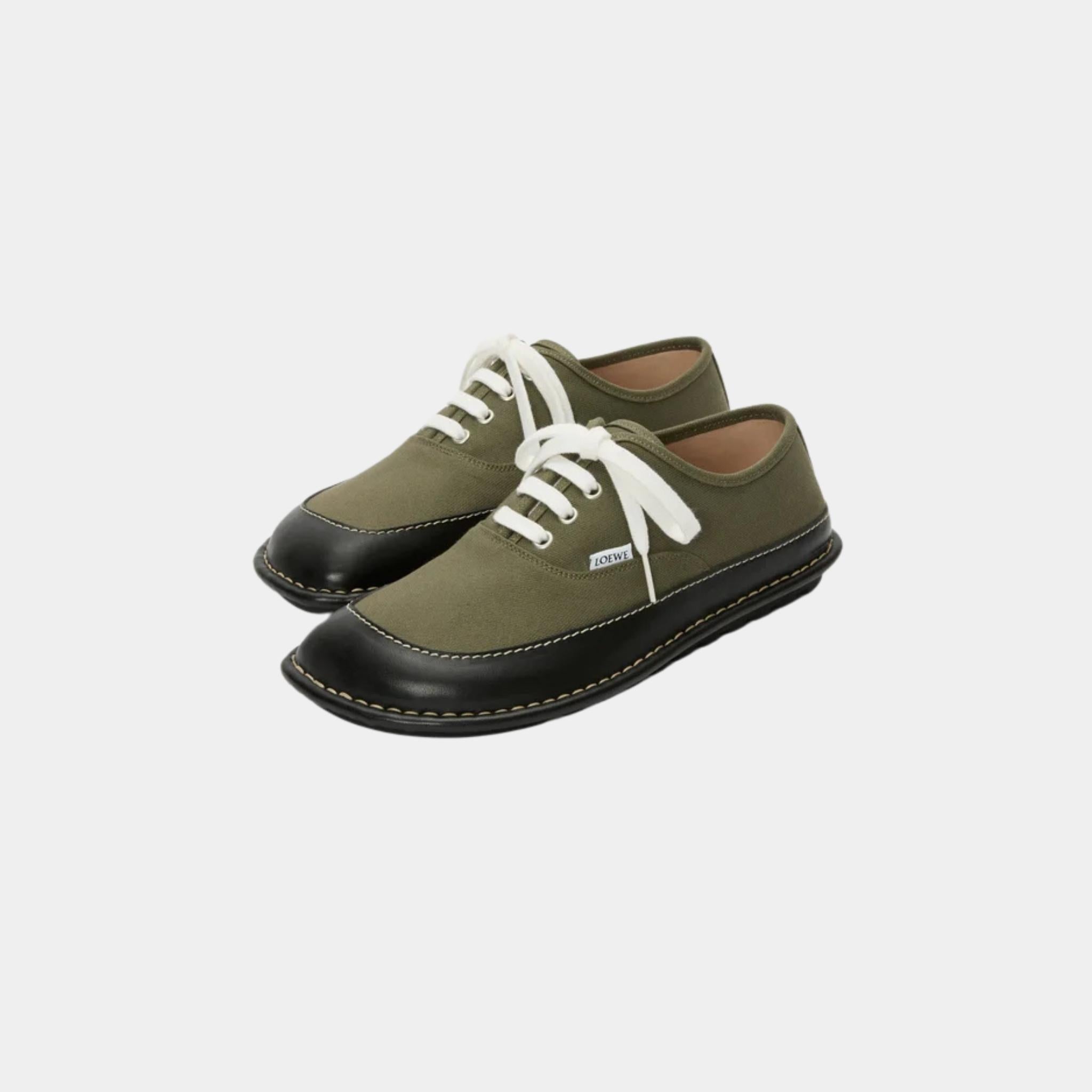 Loewe Bay Lace-Up In Canvas And Vegetable-Tanned Calfskin, Khaki Green, Black, Front