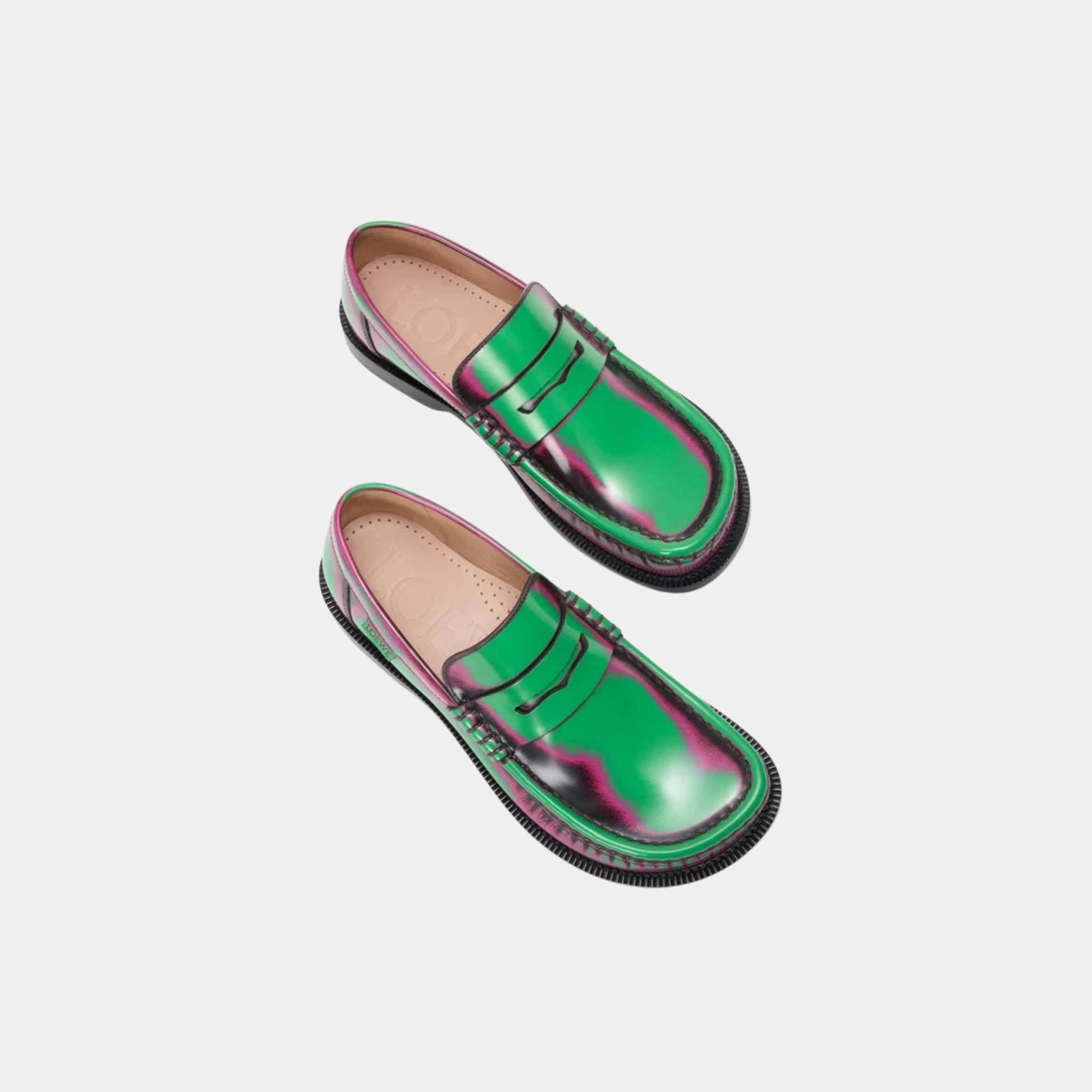 Loewe Campo Loafer In Brushed Calfskin, Green, Pink, Burgundy, Top
