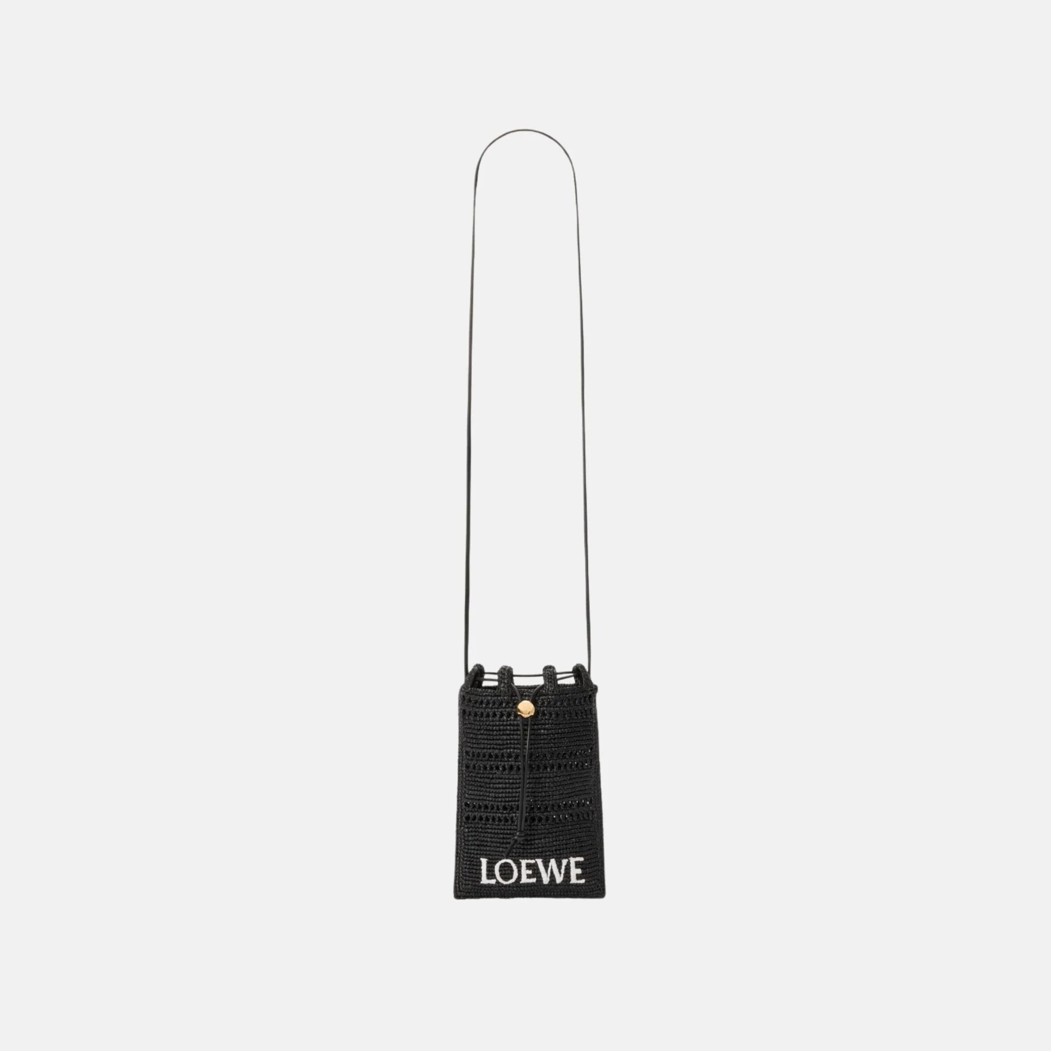 Loewe Drawstring Pocket in Raffia, Black, Full