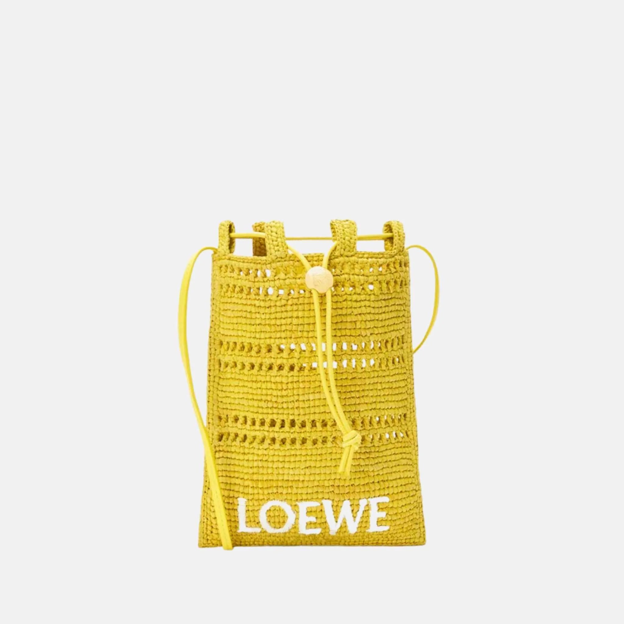 Loewe Drawstring Pocket in Raffia, Yellow, Front