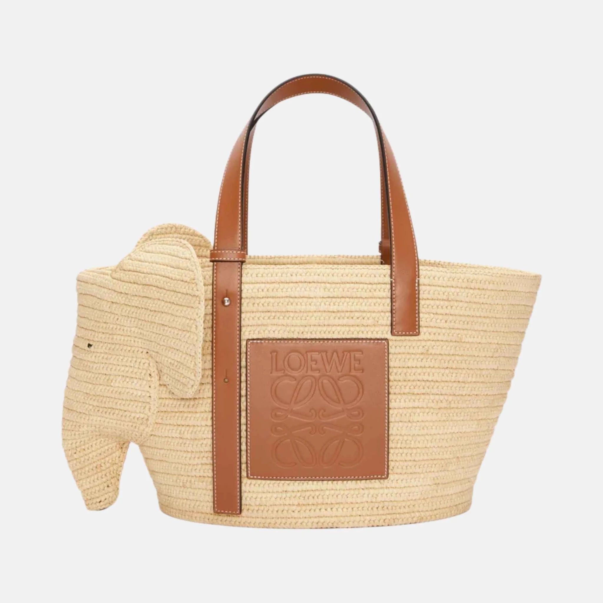 Loewe Elephant Basket in Raffia and Calfskin, Front