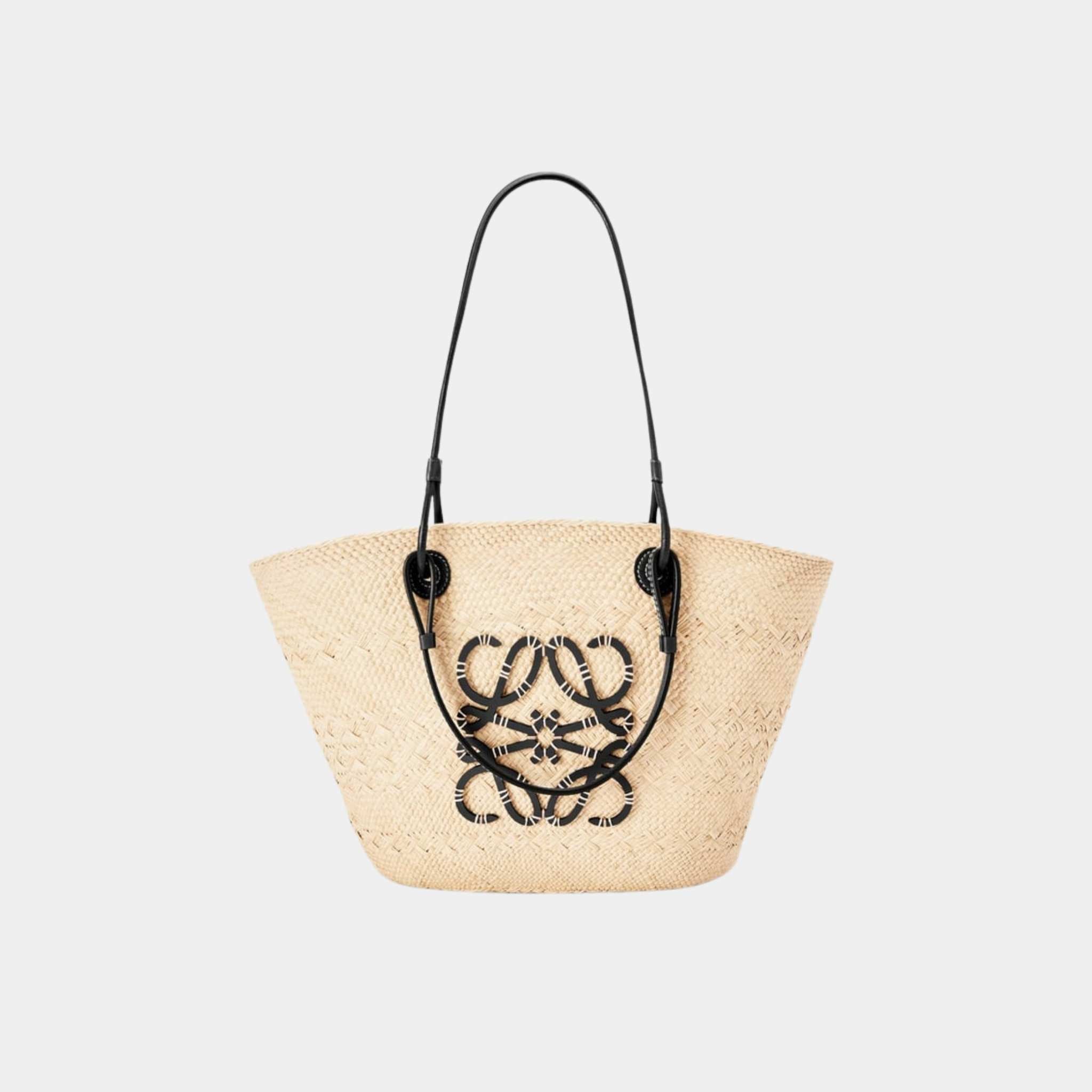 Loewe Medium Anagram Basket Bag In Iraca Palm And Calfskin, Natural, Black, Front