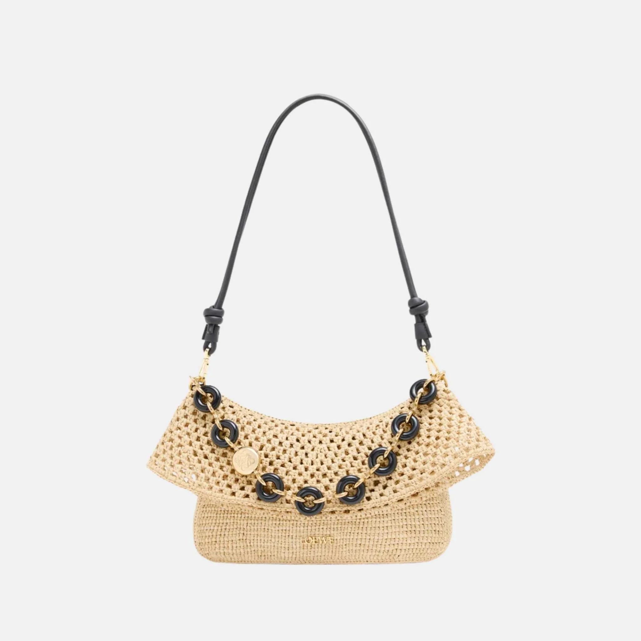Loewe Medium Ola Bag in Raffia and Calfskin, Natural, Front